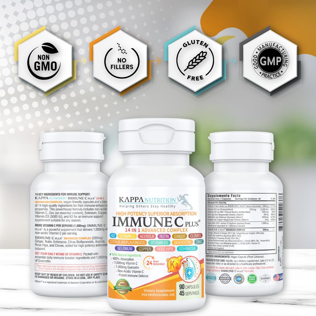 Quercetin 1,000mg, Vitamin C 1,000mg, Zinc 50mg, Vitamin D3 5,000iu, Selenium, Copper, Acerola, Ginger, Rutin, Bitter Orange, Rose Hips, Echinacea, Immune C Plus, 14 in 1 Immune C Plus (120 Count) KAPPA NUTRITIONAu supplements