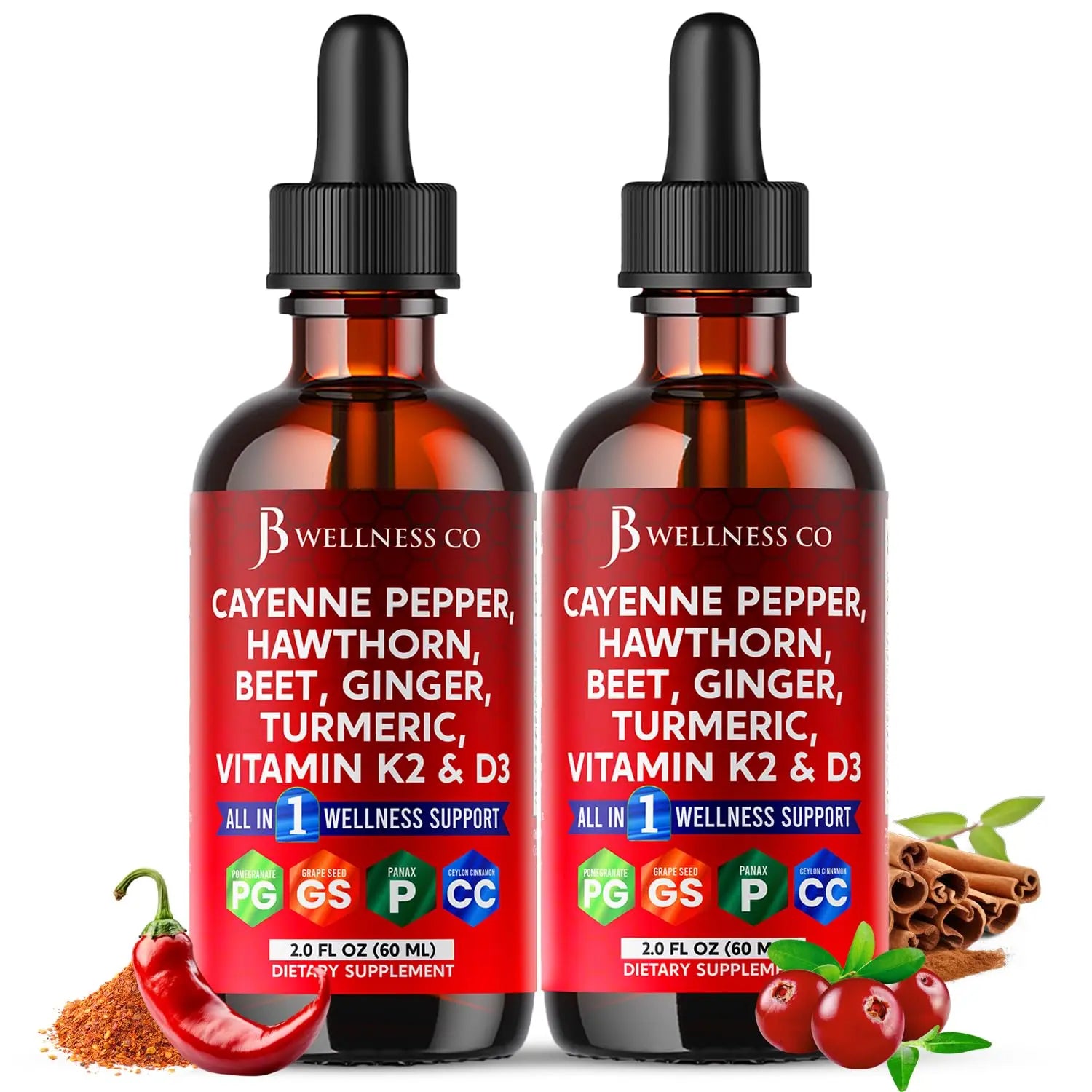 Cayenne Pepper Supplement Liquid Drops + Hawthorn Berry, Vitamin D3 K2 Beet Root Powder, Ceylon Cinnamon, Turmeric Curcumin, Organic Panax Ginseng - 4oz JB Wellness CoAu supplements
