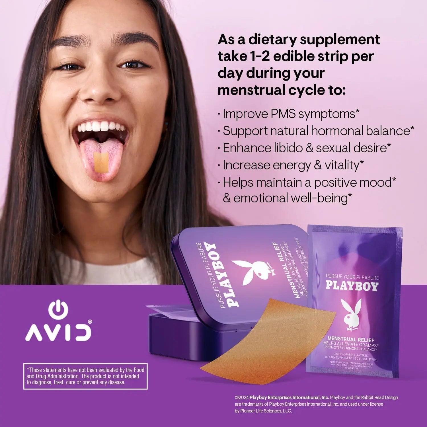 AVID Playboy - Menstrual Relief PMS Oral Strips (30 Edible Strips) Fast Dissolving PMS Cramp Relief & Hormonal Balance Strips for Women - Lemon Ginger Flavored Multi-Benefit PMS Supplement for Women AvidAu supplements