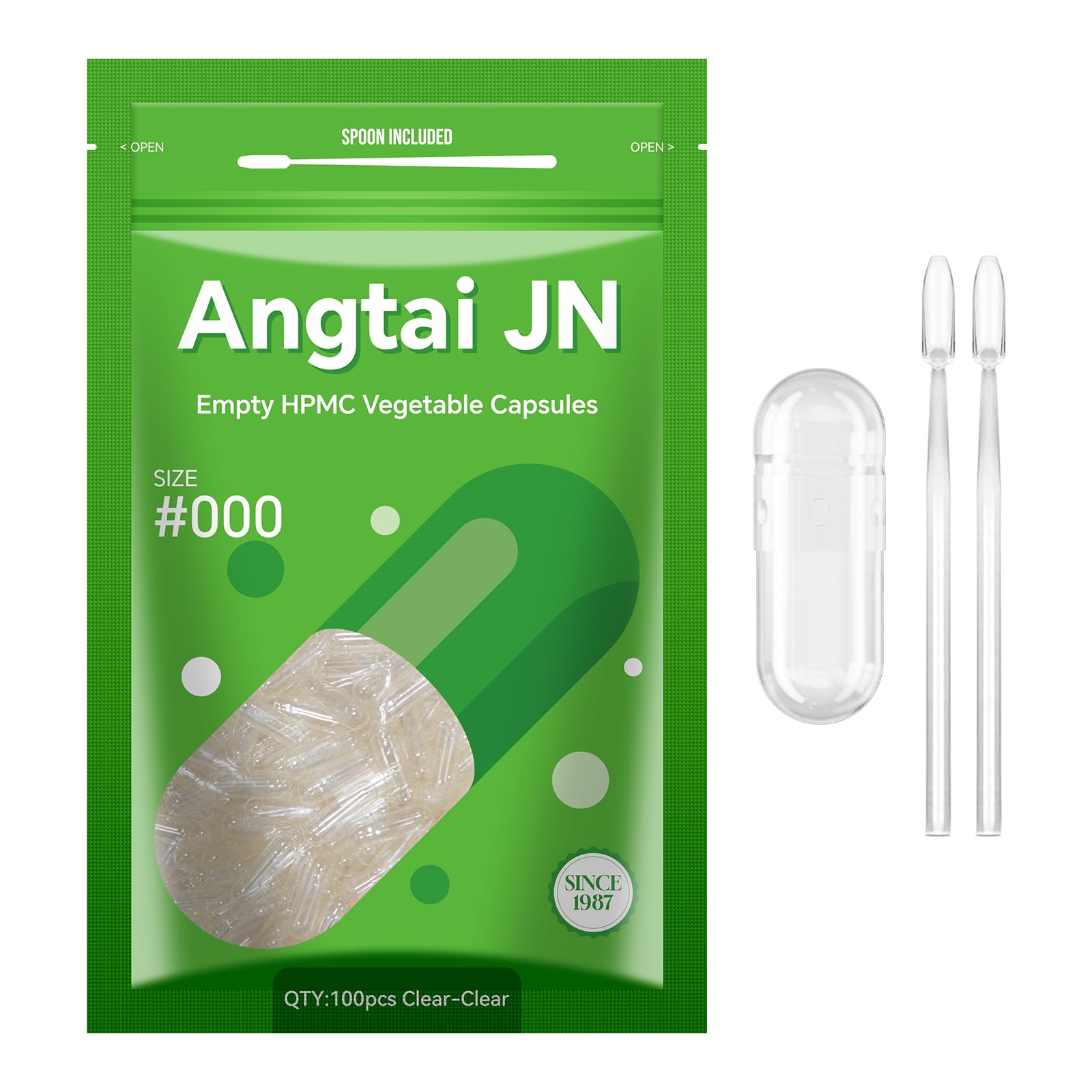 Angtai JN Capsules Size 000 Vegan Empty Plant Based Clear (100 Count) Gluten Free, Non-GMO, Halal Certified Pill Caps Filling Kit with 2 Spoons for Vegetarian DIY Your Own Supplements Angtai JNAu supplements