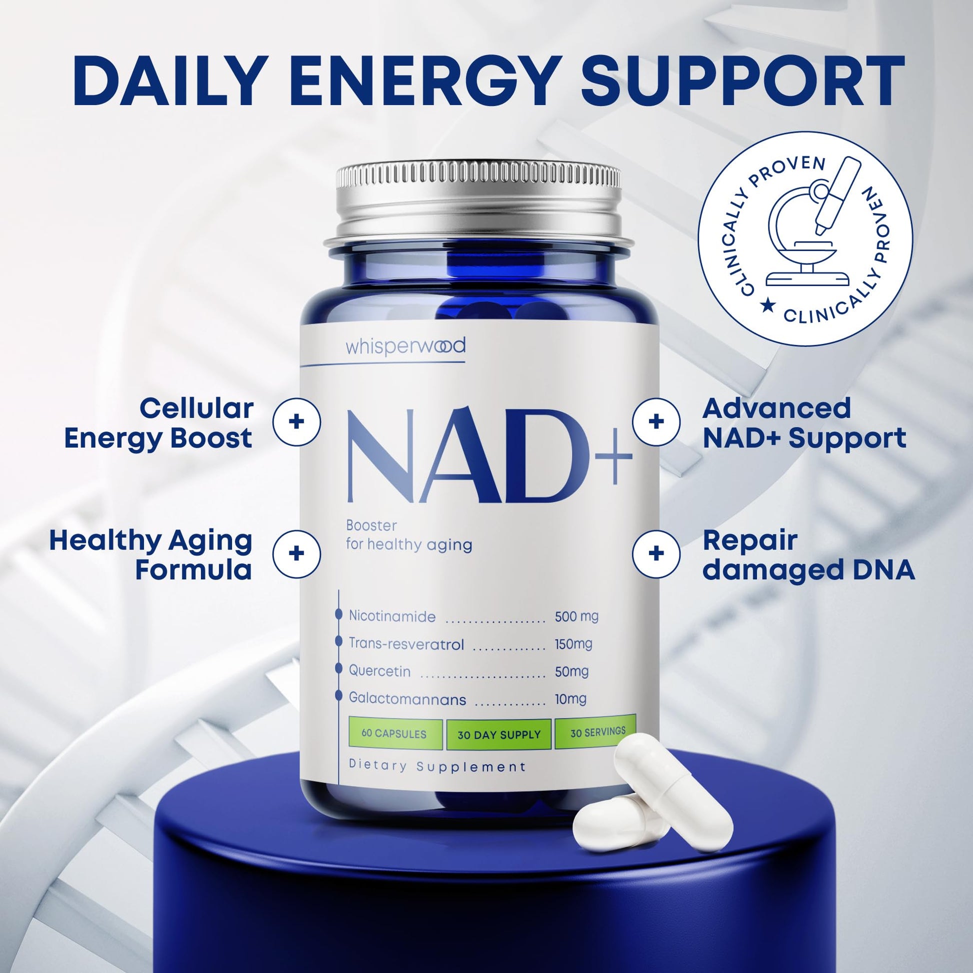 NAD+ Supplement with Nicotinamide Riboside, Trans Resveratrol & Quercetin – NAD Plus Complex for Energy, Brain & Mitochondrial Support – Antioxidant and Longevity Formula for Women & Men – 60 capsules WHISPERWOODAu supplements