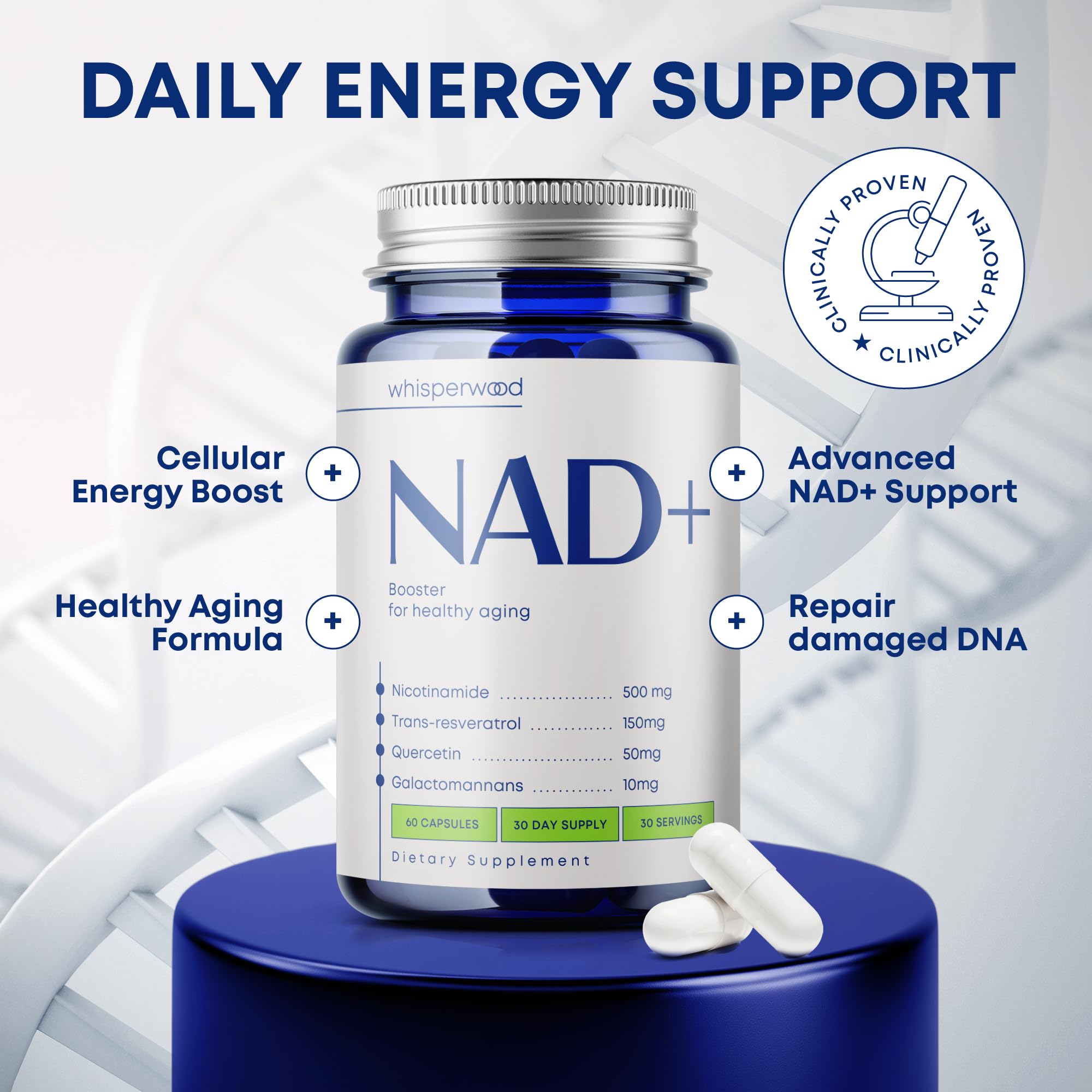 NAD+ Supplement with Nicotinamide Riboside, Trans Resveratrol & Quercetin – NAD Plus Complex for Energy, Brain & Mitochondrial Support – Antioxidant and Longevity Formula for Women & Men – 60 capsules WHISPERWOODAu supplements