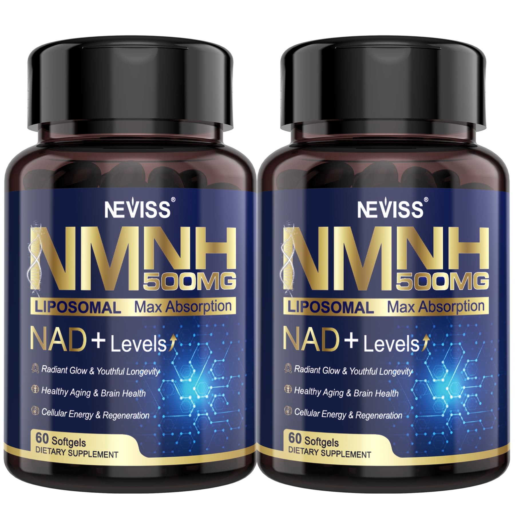 2Pack NAD+ Supplement, Next-Gen NMNH Liposomal 500mg, NR NMN Supplement Alternative, High Absorption NAD+ with Curcumin, Niacinamide for Cellular Energy, DNA Repair, Healthy Aging, 120 Softgels NEVISSAu supplements