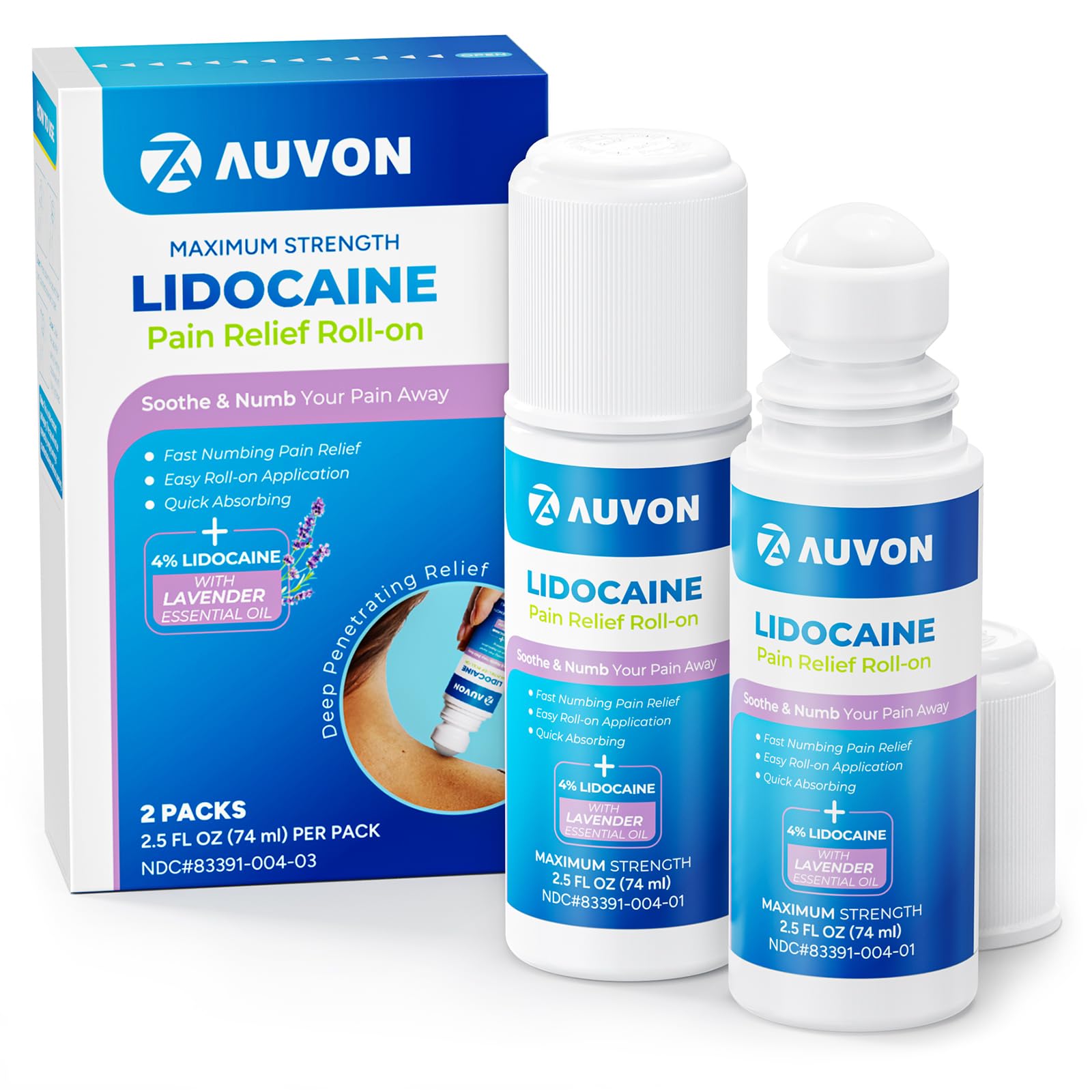 AUVON Max Strength Lidocaine Pain Relief Roll-On with Lavender Essential Oil, No Mess Applicator, Quick Absorbing to Numb & Soothe Pain Relief for Knees, Shoulders, 2.5 Oz, 2 Packs AUVONAu supplements