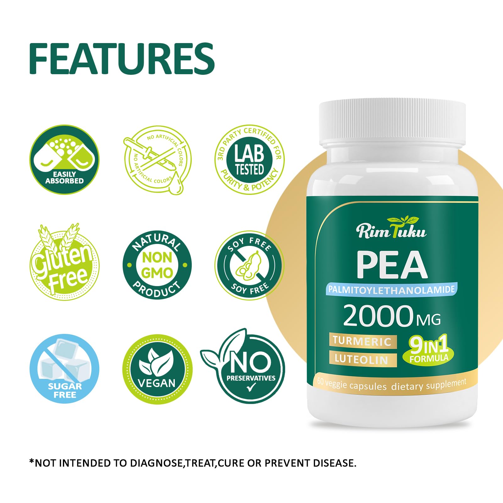 Liposomal Palmitoylethanolamide 2000MG + Luteolin 200MG + Turmeric 200MG & Fisetin 100MG, Micronized Pea 99% Highly Purified Enhanced Absorption Pea Supplement, 120 Capsules RimTukuAu supplements