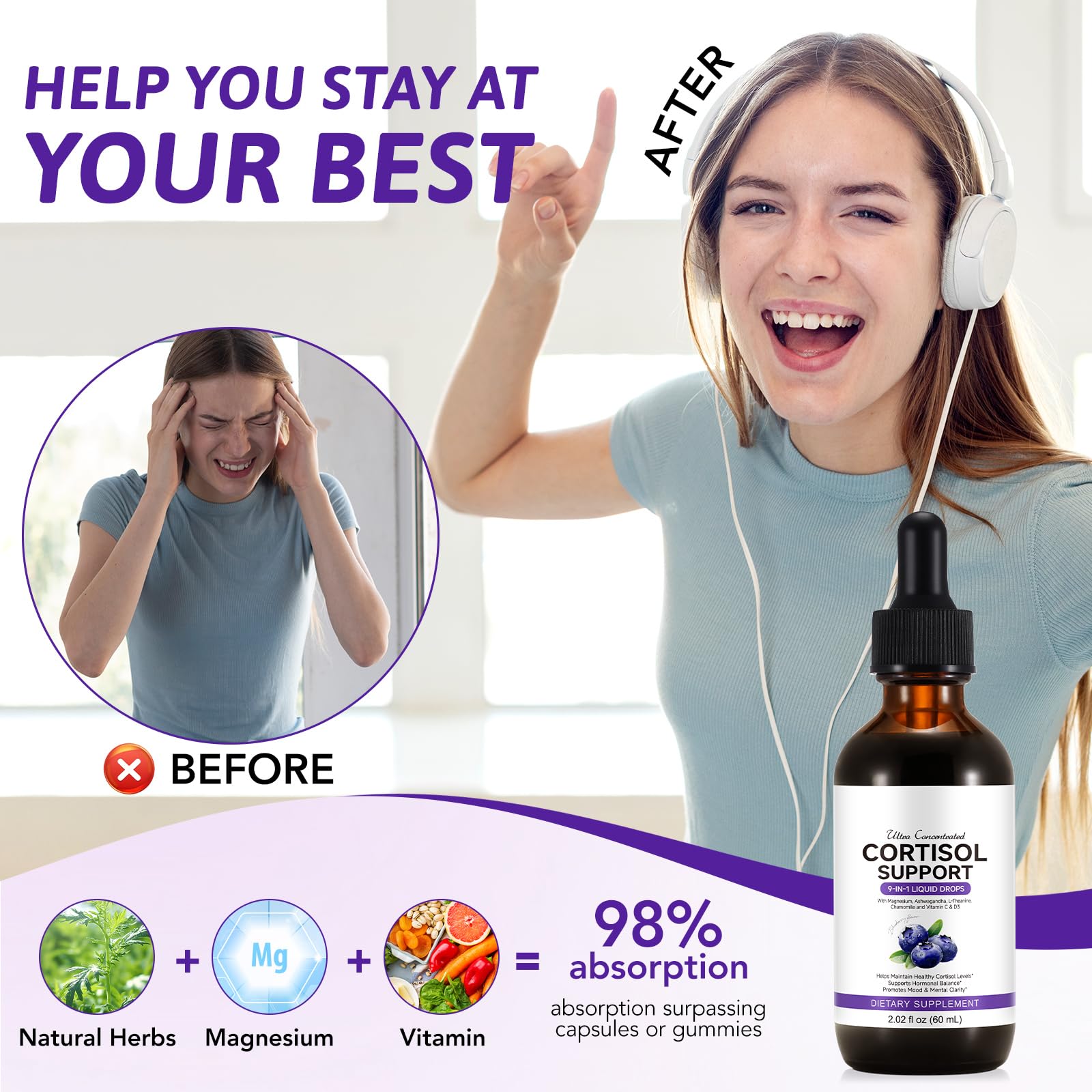 ZIXBMHYJ Cortisol Supplement for Women, Cortisol Support Liquid Drops with Ashwagandha, Magnesium & L-Theanine - Supports Stress Relief, Mood & Relaxation - 2.02 fl oz ZIXBMHYJAu supplements