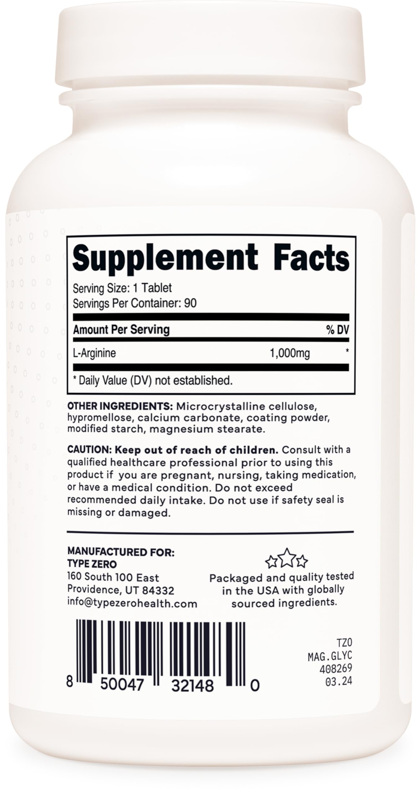 Type Zero L-Arginine 90 Tablets 1,000 mg per Serving - Non-GMO Type ZeroUS supplements