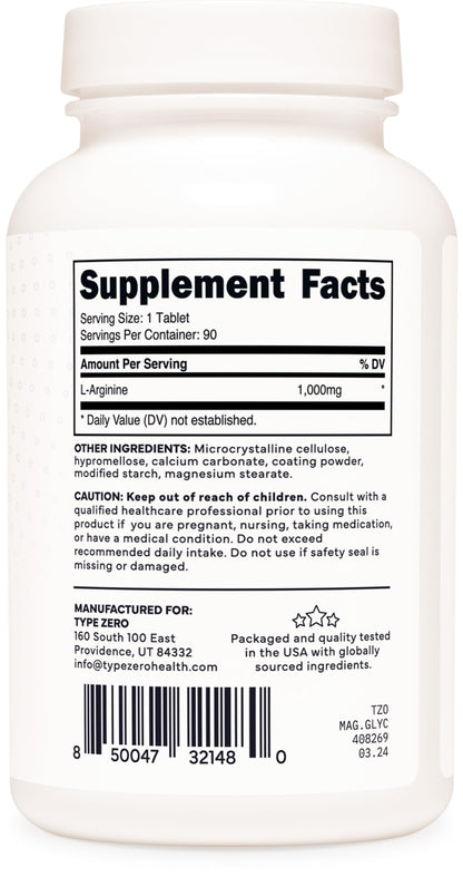 Type Zero L-Arginine 90 Tablets 1,000 mg per Serving - Non-GMO Type ZeroUS supplements