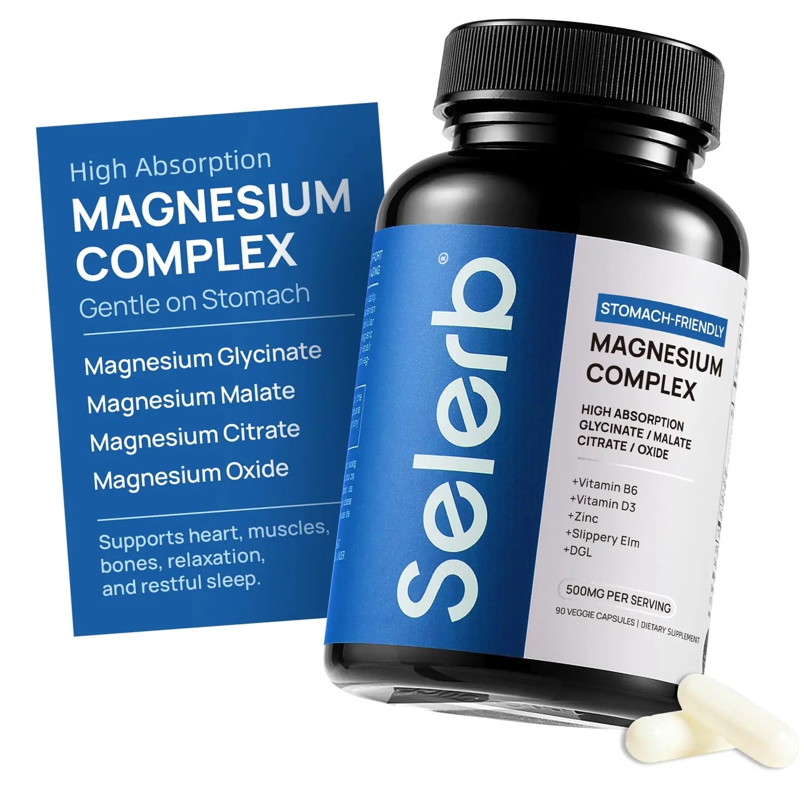Selerb Magnesium Complex for Women and Men-Glycinate,Malate,Citrate,Oxide Supports Calm, Sleep, Muscle & Energy with D3, B6, Zinc, Slippery Elm & DGL Gentle on Stomach 90 Capsules SelerbAu supplements