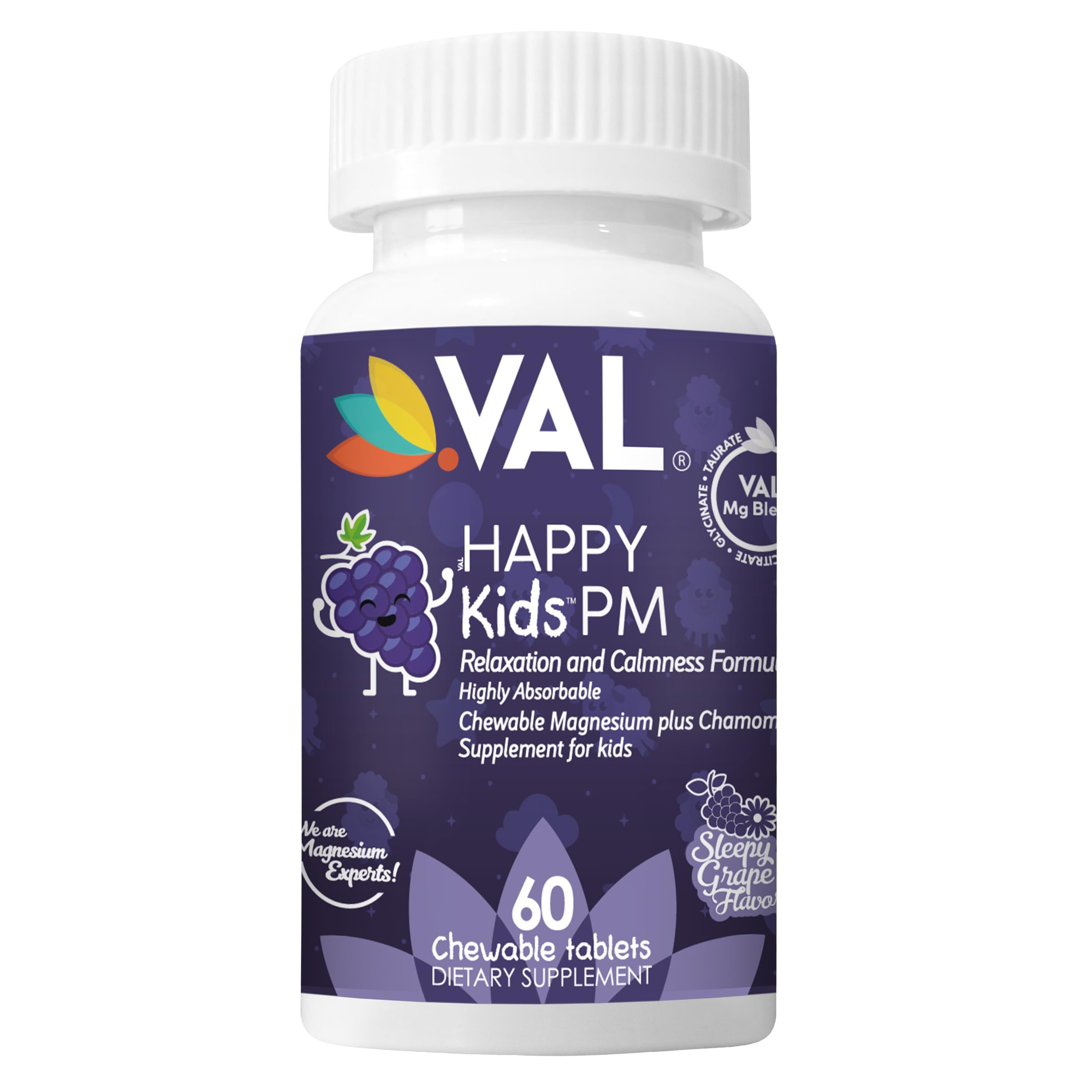 VAL Kids PM Magnesium Gummies | Sugar-Free Chewable Tablets with Chamomile, Magnesium Glycinate + Citrate + Taurate | Vitamin B6 & C | Natural Grape Flavor | Sleep & Calm Support | 60 Ct | Ages 4+ VALAu supplements