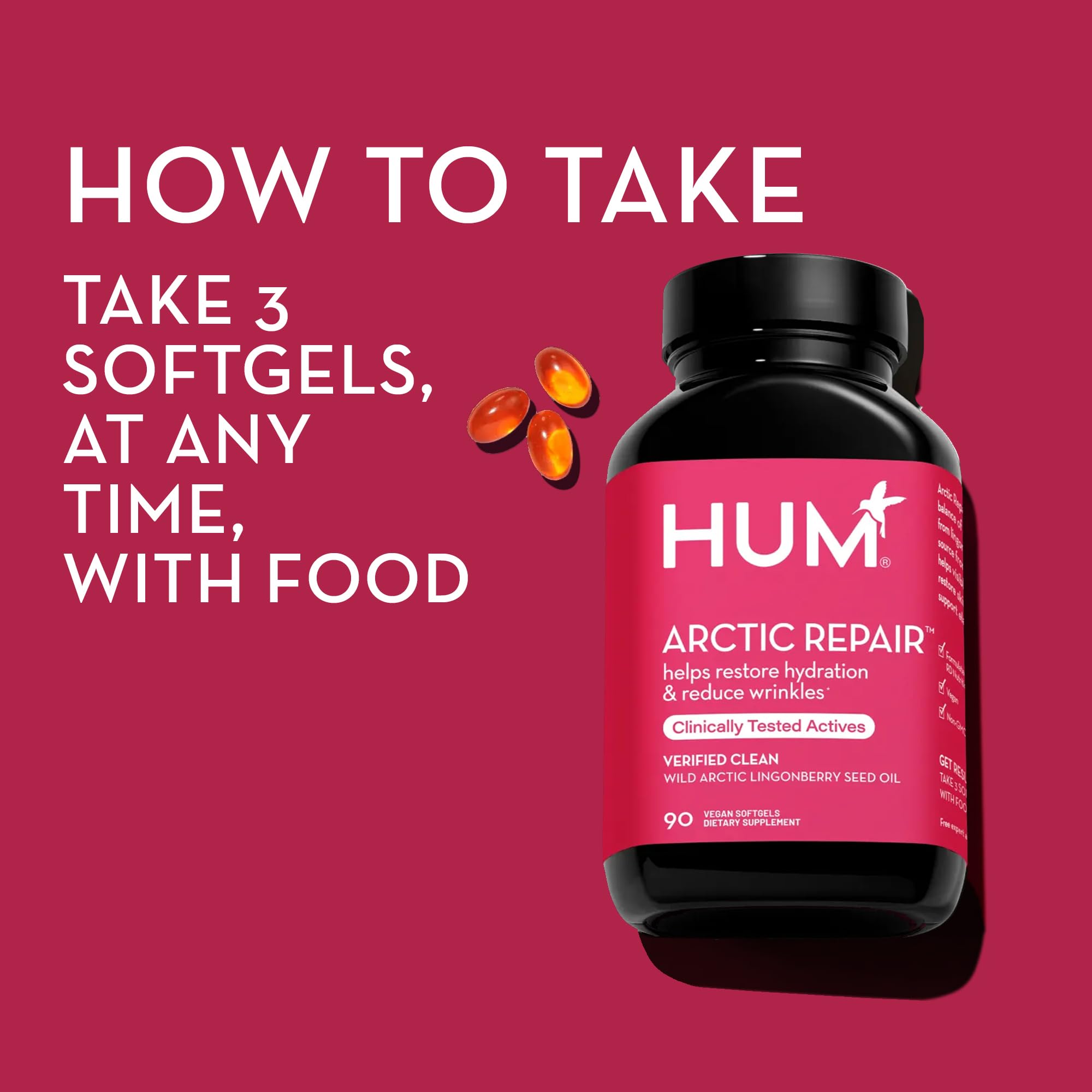 HUM Arctic Repair Clear Skin Supplement with Omega 3, Vitamin E, A, and Lingonberry Seed Oil, Skin Repair with Omega 3 6 9 to Help Support Appearance of Wrinkles & Hydrate, 90 Vegan Softgels HUMUS supplements
