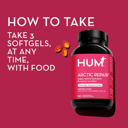 HUM Arctic Repair Clear Skin Supplement with Omega 3, Vitamin E, A, and Lingonberry Seed Oil, Skin Repair with Omega 3 6 9 to Help Support Appearance of Wrinkles & Hydrate, 90 Vegan Softgels HUMUS supplements