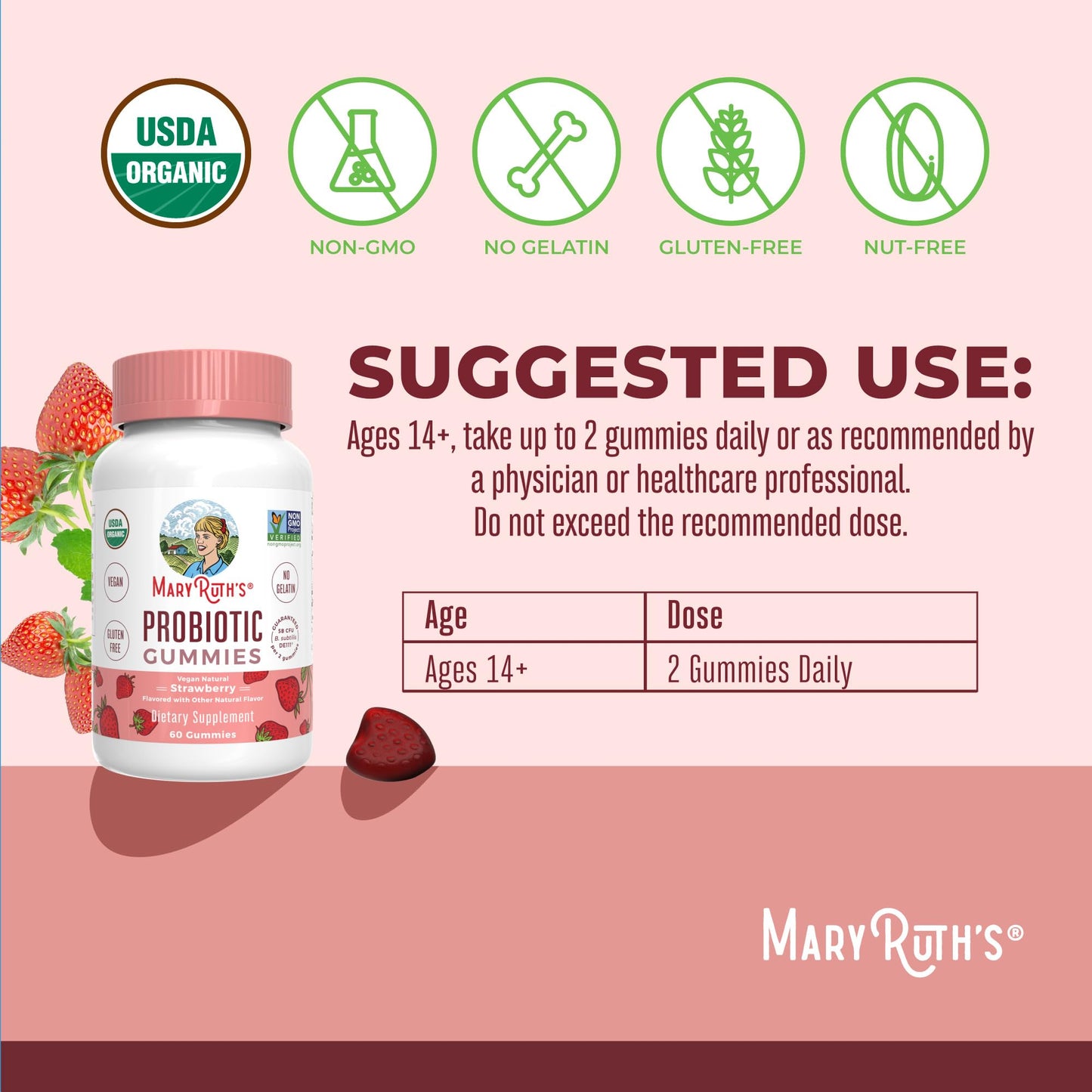 MaryRuth Organics USDA Organic Probiotic Gummies |Probiotics forWomen & Men Digestive Health & Gut Comfort Supplement 5 Billion CFU | Immune & Digestive Support | Vegan | Non-GMO | 60 Count MARYRUTH'SUS supplements