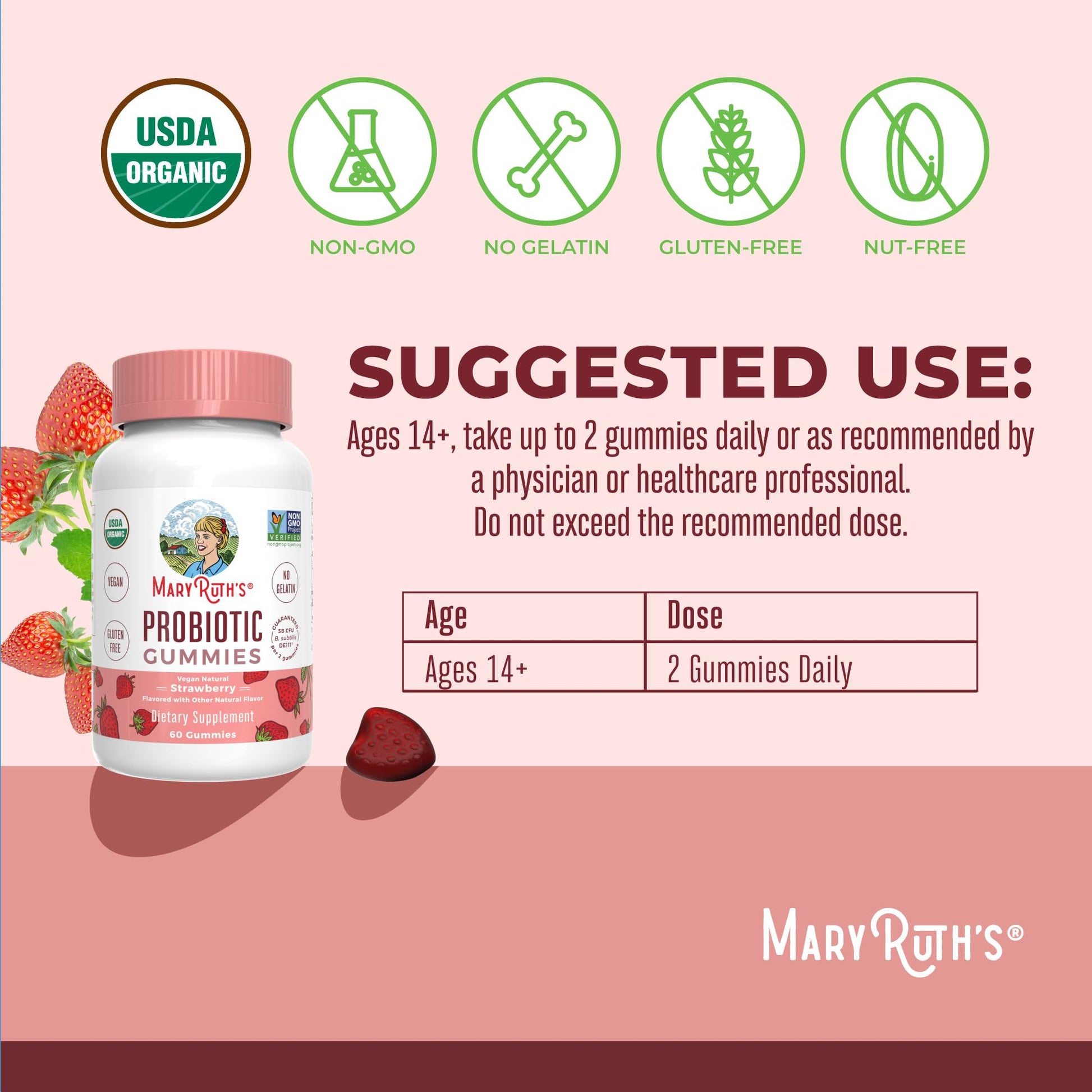 MaryRuth Organics USDA Organic Probiotic Gummies |Probiotics forWomen & Men Digestive Health & Gut Comfort Supplement 5 Billion CFU | Immune & Digestive Support | Vegan | Non-GMO | 60 Count MARYRUTH'SUS supplements
