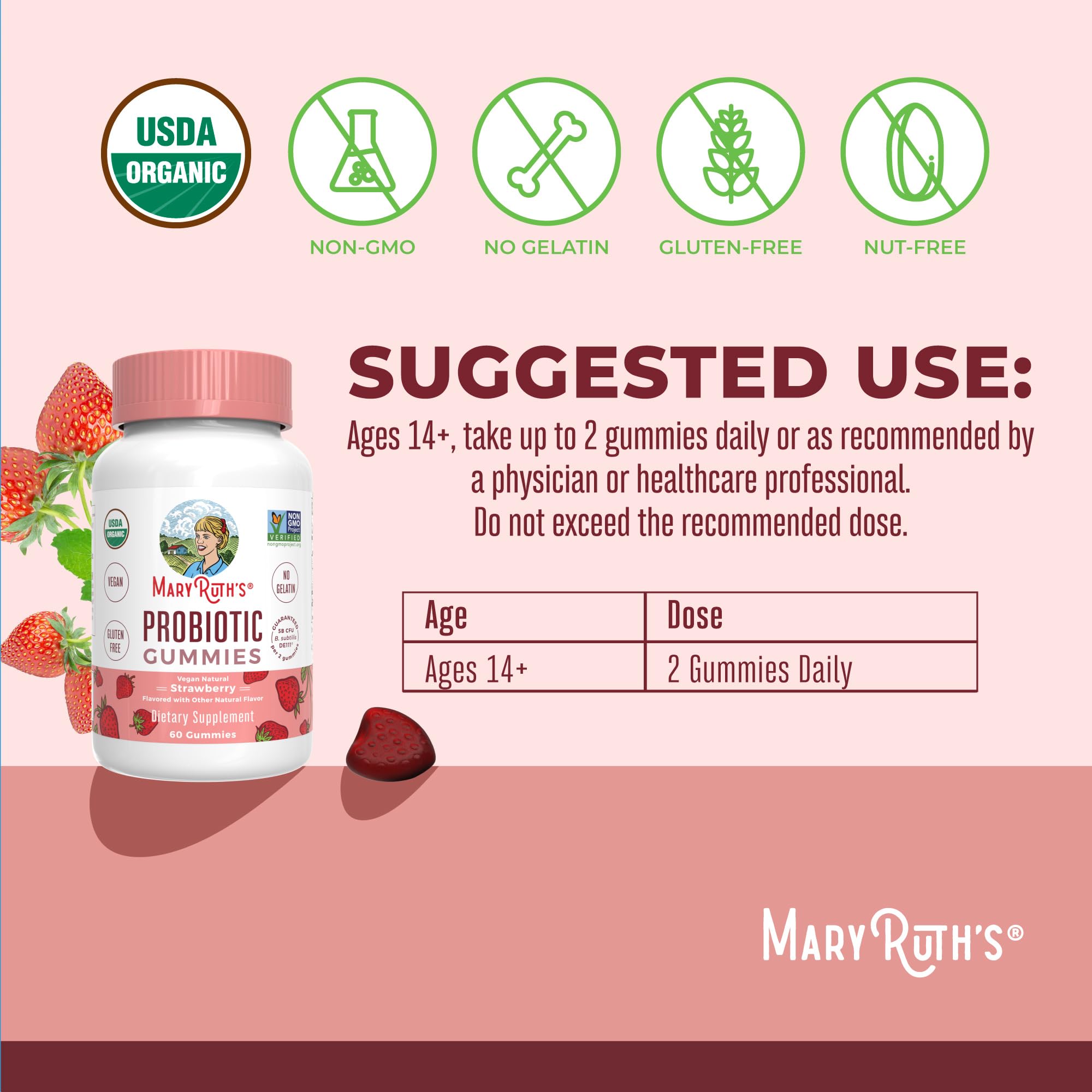 MaryRuth Organics USDA Organic Probiotic Gummies |Probiotics forWomen & Men Digestive Health & Gut Comfort Supplement 5 Billion CFU | Immune & Digestive Support | Vegan | Non-GMO | 60 Count MARYRUTH'SUS supplements