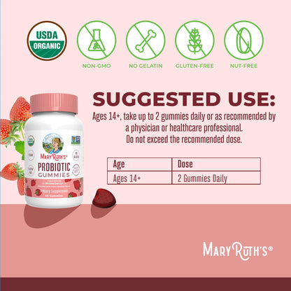 MaryRuth Organics USDA Organic Probiotic Gummies |Probiotics forWomen & Men Digestive Health & Gut Comfort Supplement 5 Billion CFU | Immune & Digestive Support | Vegan | Non-GMO | 60 Count MARYRUTH'SUS supplements