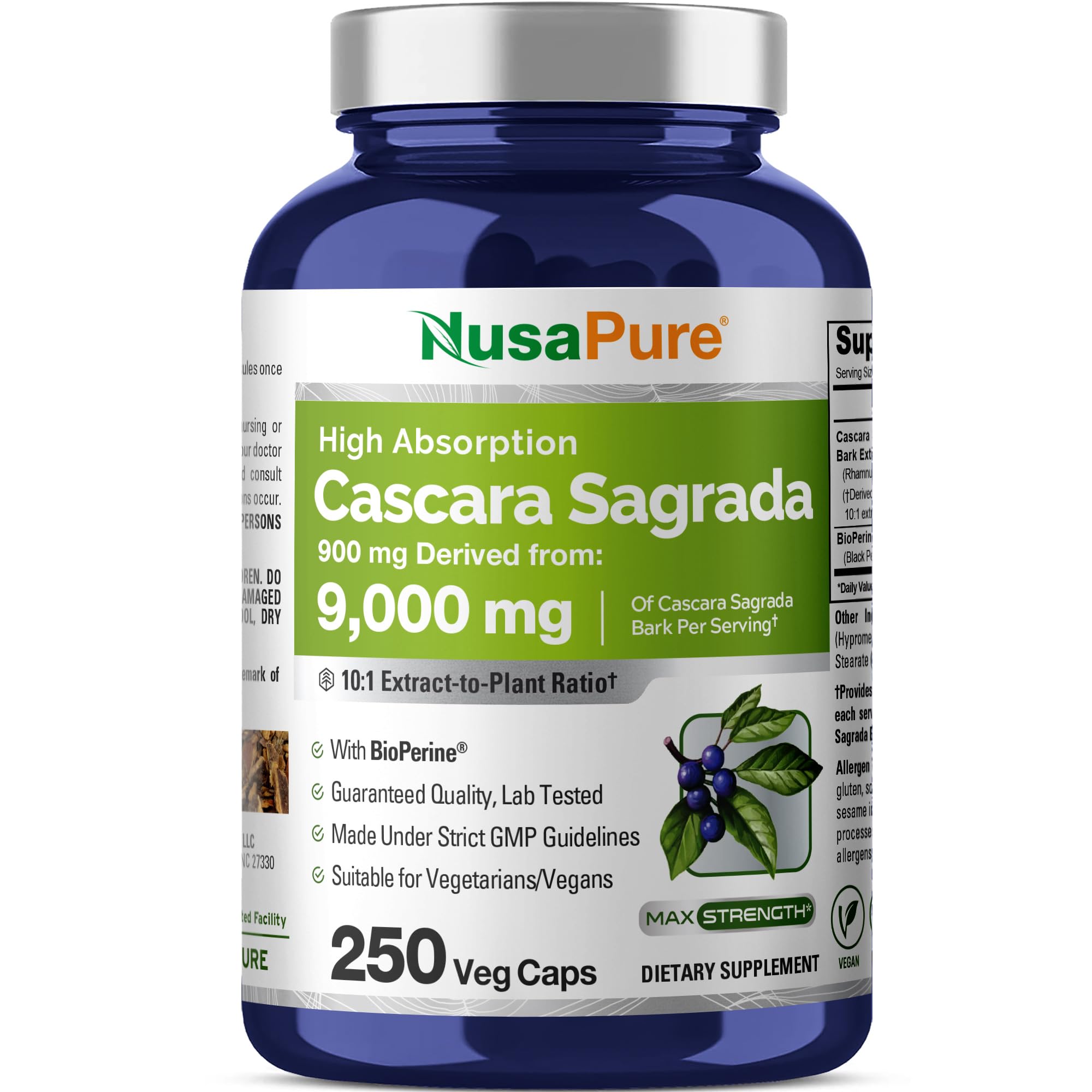 NusaPure Cascara Sagrada 10:1 Extract, 900 mg Equivalent to 9,000 mg per Veggie Caps - 250 Capsules (Non-GMO, Vegan) NusaPureAu supplements