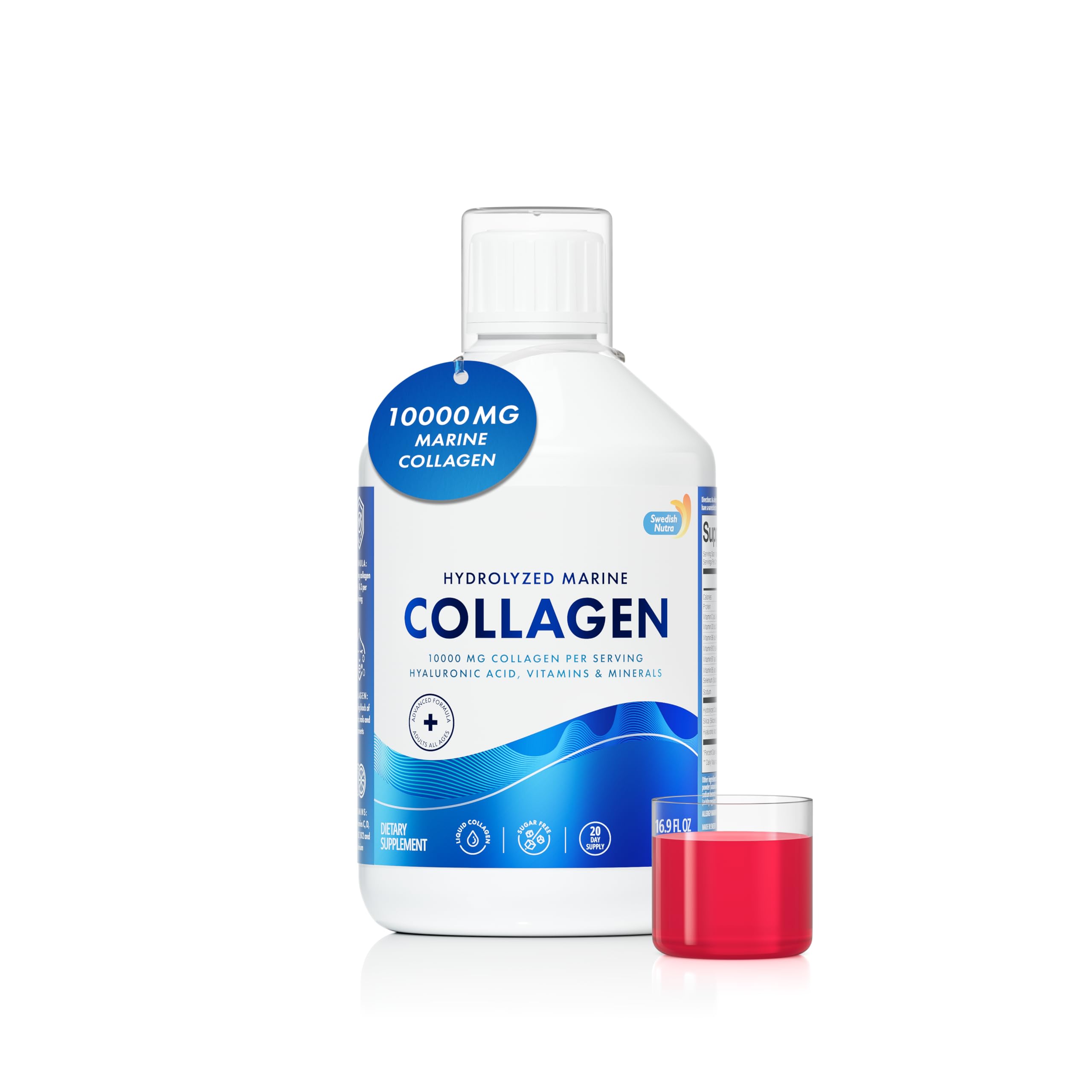 Swedish Nutra 10,000 mg Hydrolyzed Marine Collagen Liquid Supplement - 500 ml, 20 Day Supply | Hyaluronic Acid, Biotin & Vitamin C for Healthy Hair, Skin, Nails & Joints | For Men & Women | Sugar-Free Swedish NutraAu supplements