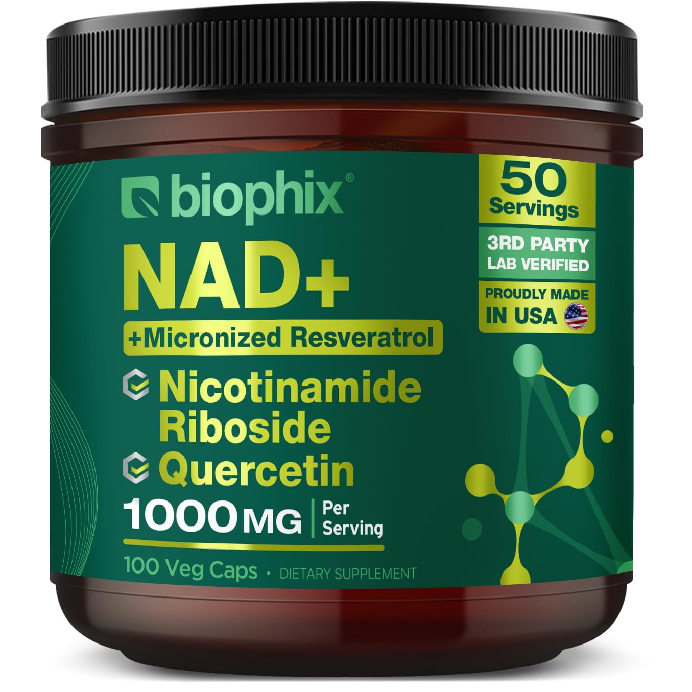 biophix NAD+ Liposomal Supplement for Women & Men - 1000 mg per Serving - Nicotinamide Riboside, Micronized Resveratrol & Quercetin Complex - 100 Veg Capsules - Non-GMO, Gluten-Free, cGMP Certified biophixAu supplements