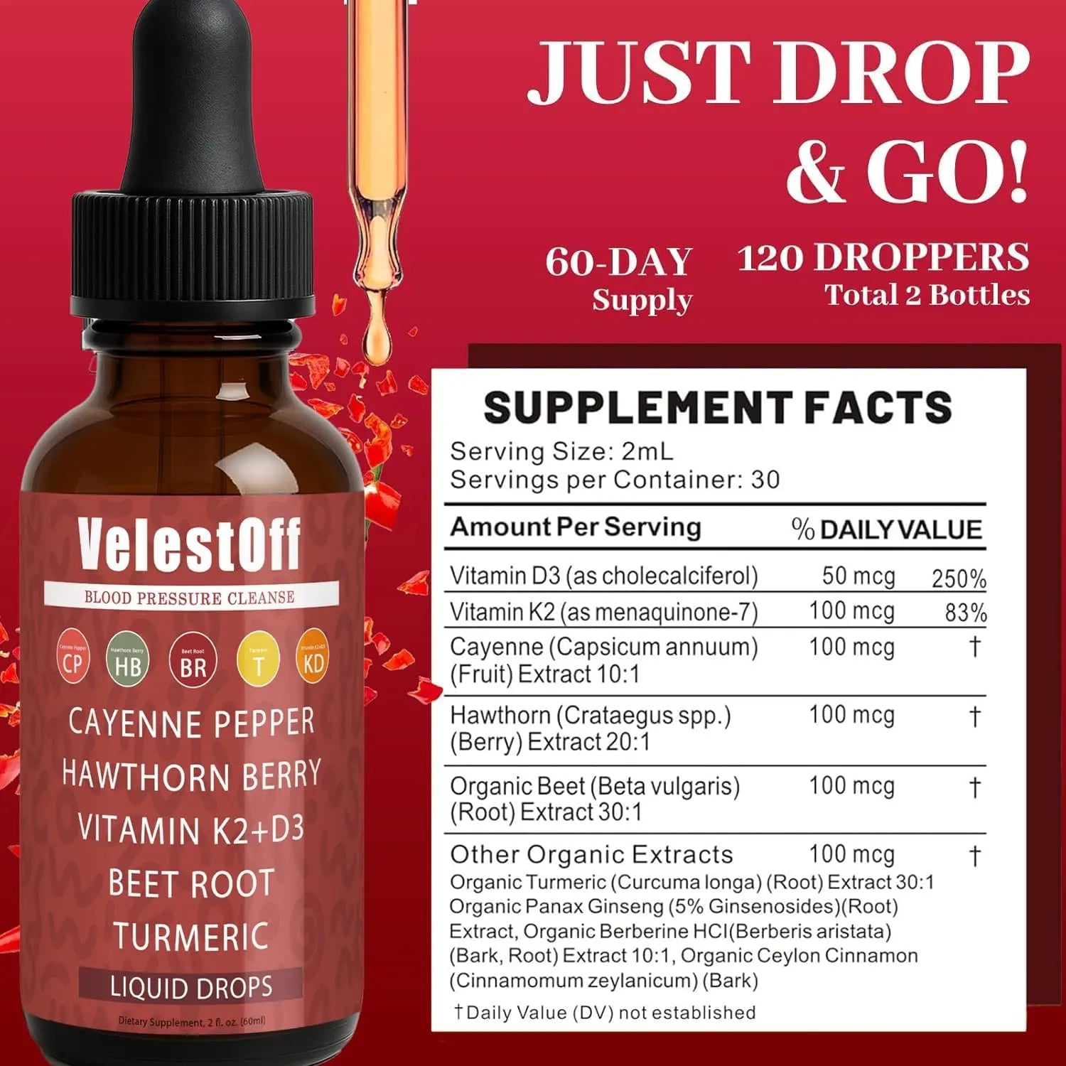 Velestoff Cayenne Pepper | Cayenne Heart & Circulation Blend – Botanical Extracts with Hawthorn, Beet Root, Turmeric, Vitamin K2 & D3 – Daily Wellness Drops (2 fl oz) (1) DFTLUUEnz supplements