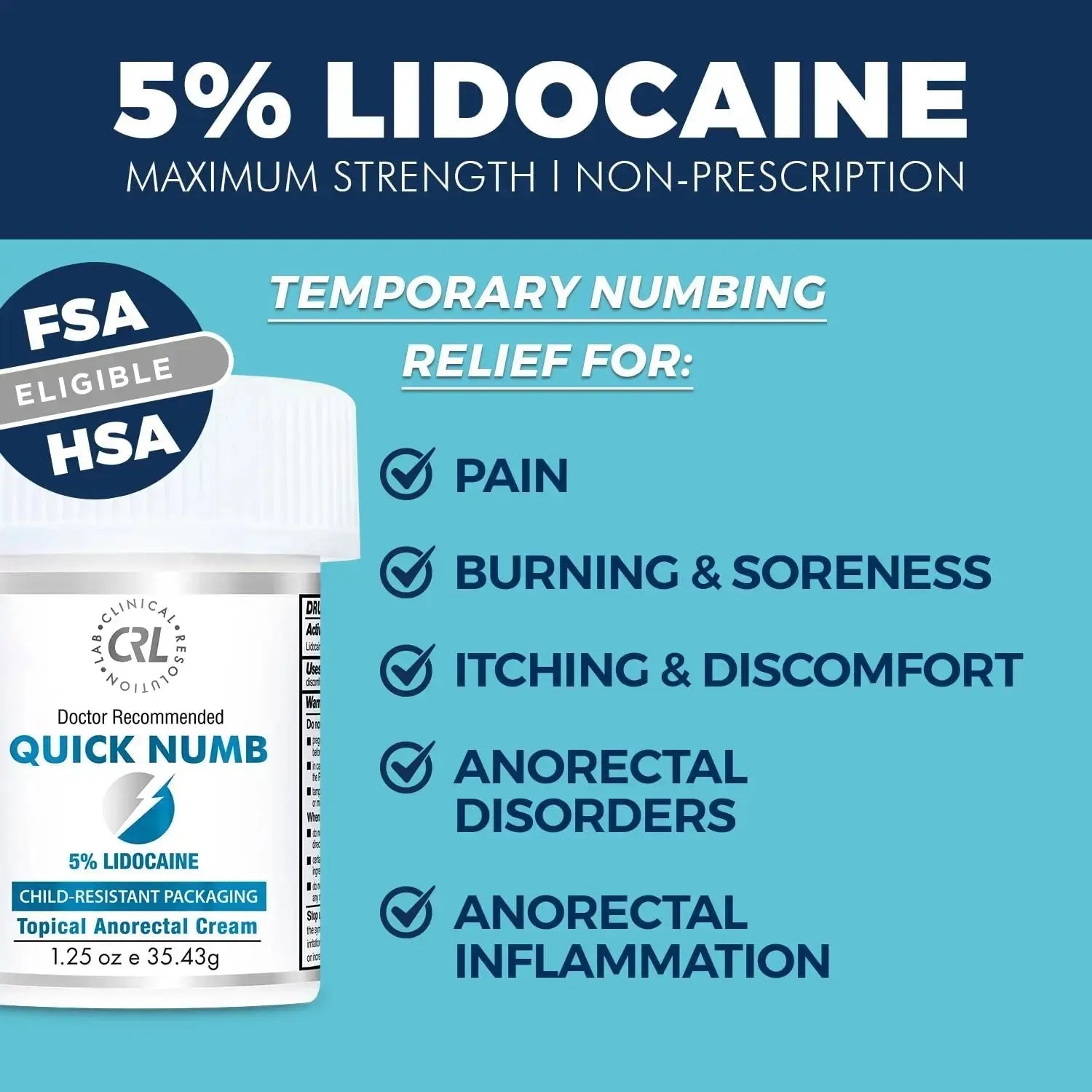Quick Numb 5% Lidocaine Cream Maximum Strength Liposomal, Fast Itch Burn Pain Relief Cream with Aloe Allantoin Vitamin E, Gentle on Skin Support Healing Hemorrhoid Treatment 1.25 oz Clinical ResolutionAu supplements