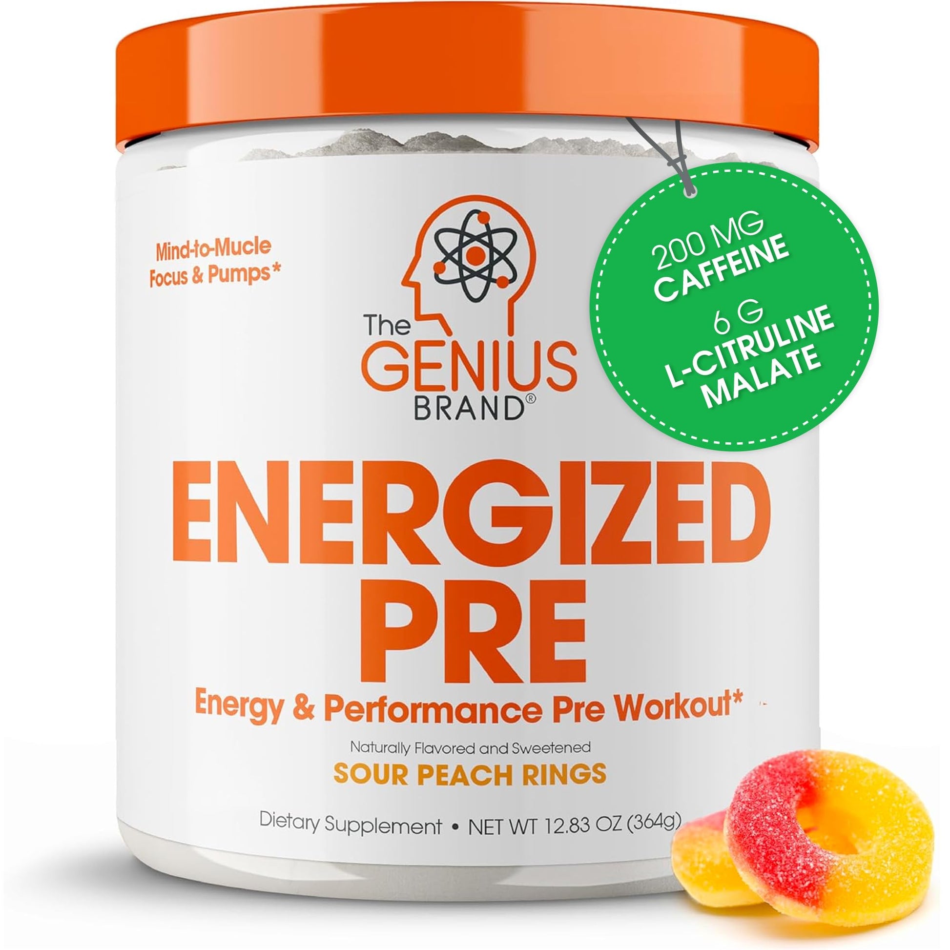 Genius Energized Pre Workout Powder – Caffeine Infused Pre-Workout Booster Supplement with Beta Alanine & Alpha GPC, No Artificial Sweeteners or Dyes - 200mg Caffeine, 20 Servings, Sour Peach Rings The Genius BrandUS supplements