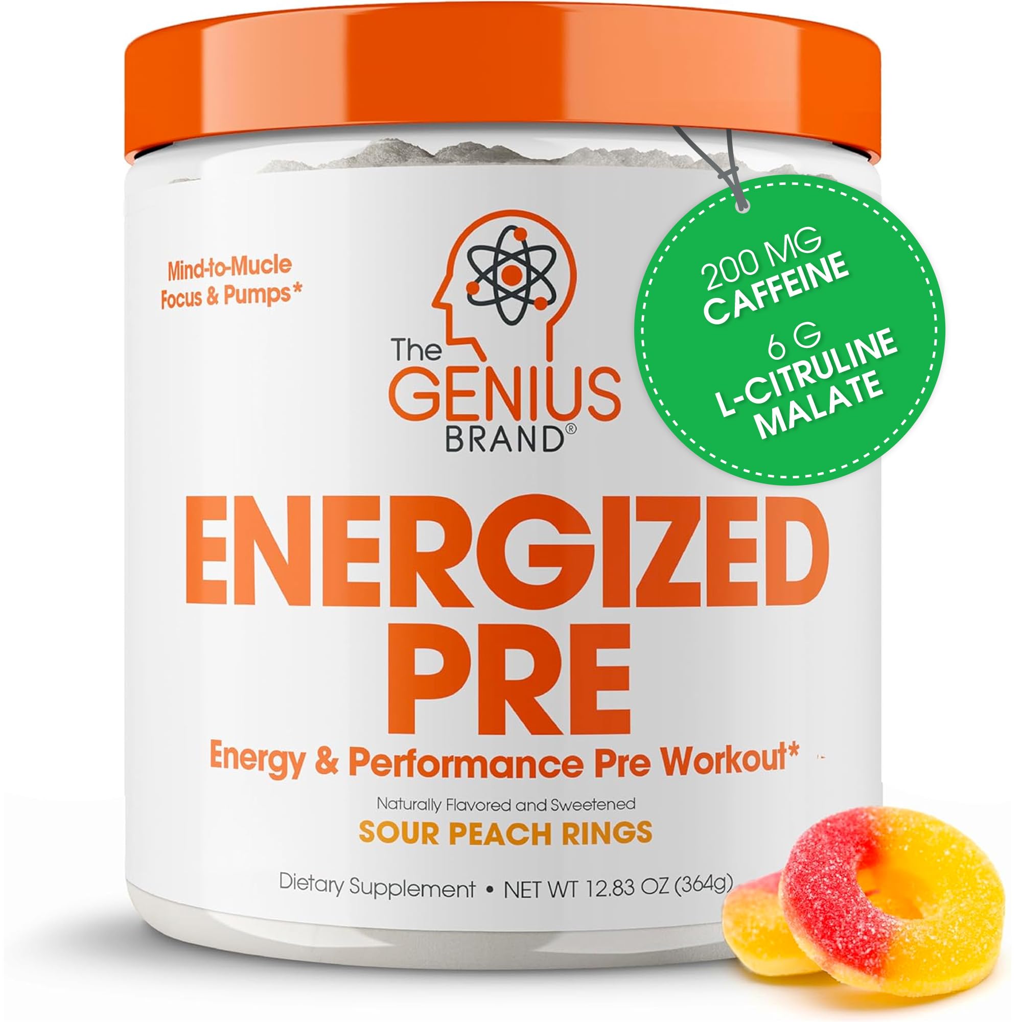 Genius Energized Pre Workout Powder – Caffeine Infused Pre-Workout Booster Supplement with Beta Alanine & Alpha GPC, No Artificial Sweeteners or Dyes - 200mg Caffeine, 20 Servings, Sour Peach Rings The Genius BrandUS supplements