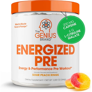 Genius Energized Pre Workout Powder – Caffeine Infused Pre-Workout Booster Supplement with Beta Alanine & Alpha GPC, No Artificial Sweeteners or Dyes - 200mg Caffeine, 20 Servings, Sour Peach Rings The Genius BrandUS supplements