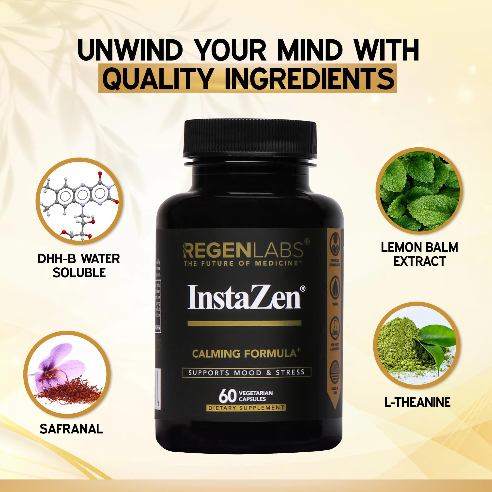 InstaZen Natural Stress Relief Supplement Mood Support | Doctor Formulated Herbal Calm Formula with DHHB, Safranal Extract, L-Theanine, Lemon Balm | Stress Support - 60 Capsules Regen Labs Regen LabsAu supplements