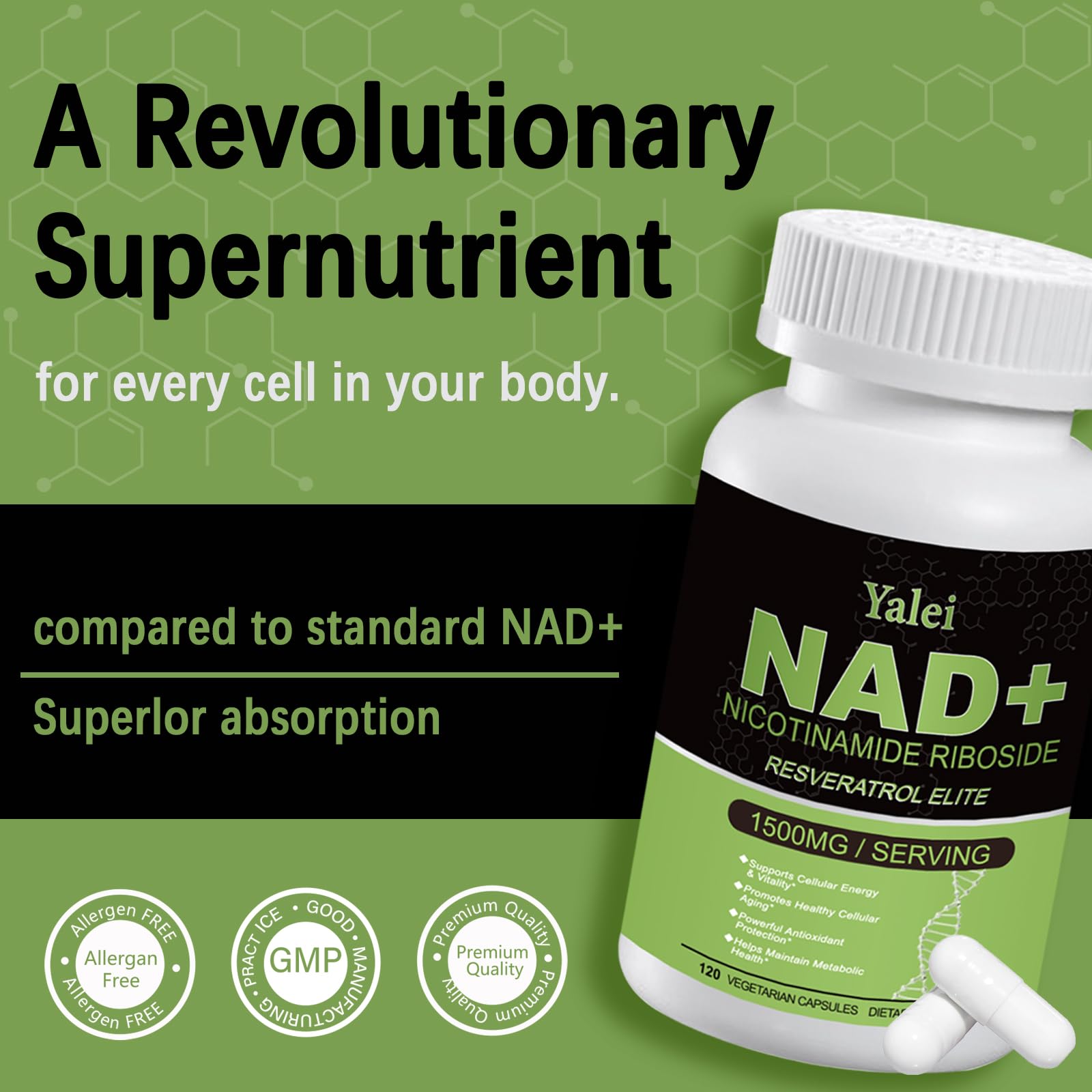 Yalei NAD Resveratrol Supplement 1500mg,120 Veggie Capsules | Liposomal NAD Plus Boosting | Support Cellular Health, Stamina & Healthy Aging for Women & Men | Non-GMO YaleiAu supplements