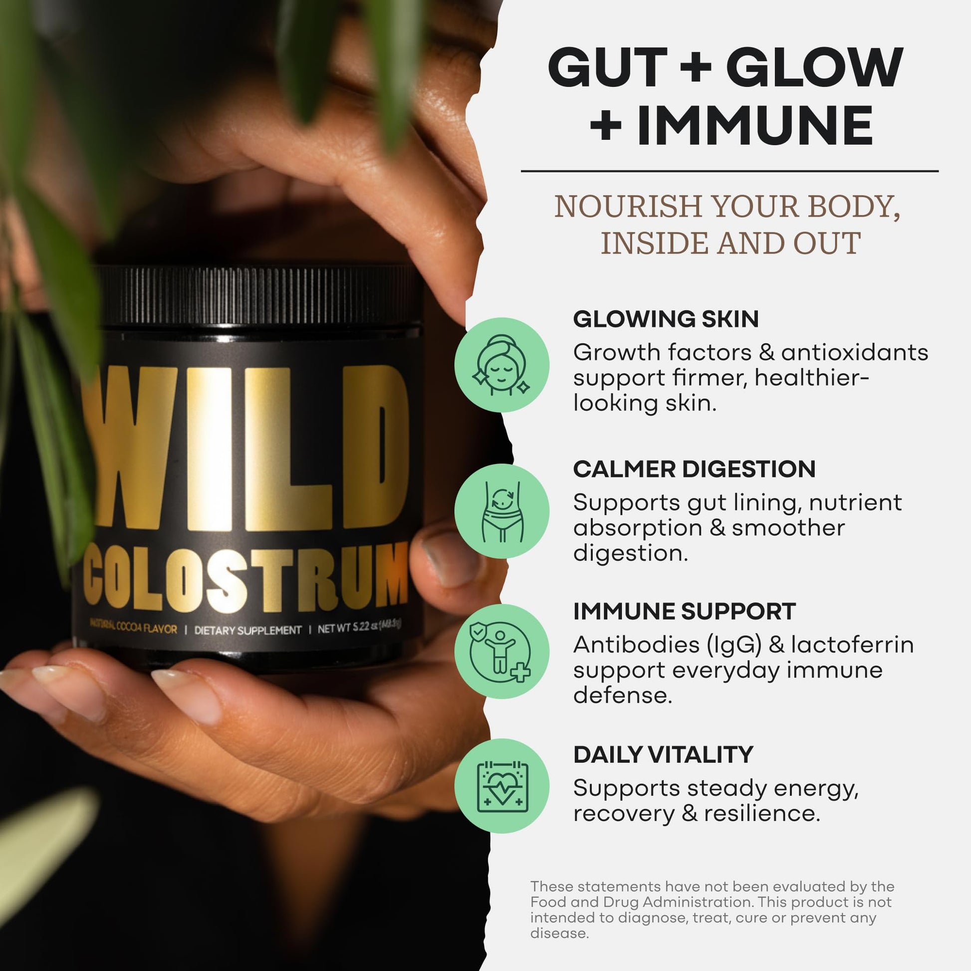 Colostrum Supplement - Grass Fed Pure Bovine Colostrum Powder - 2000mg & 400mg IgG (calostro bovino) - Gut, Immunity, Skin, Hair Support - Sugar Free, Natural Cacao Flavour, 30 Servings Wild FoodsAu supplements