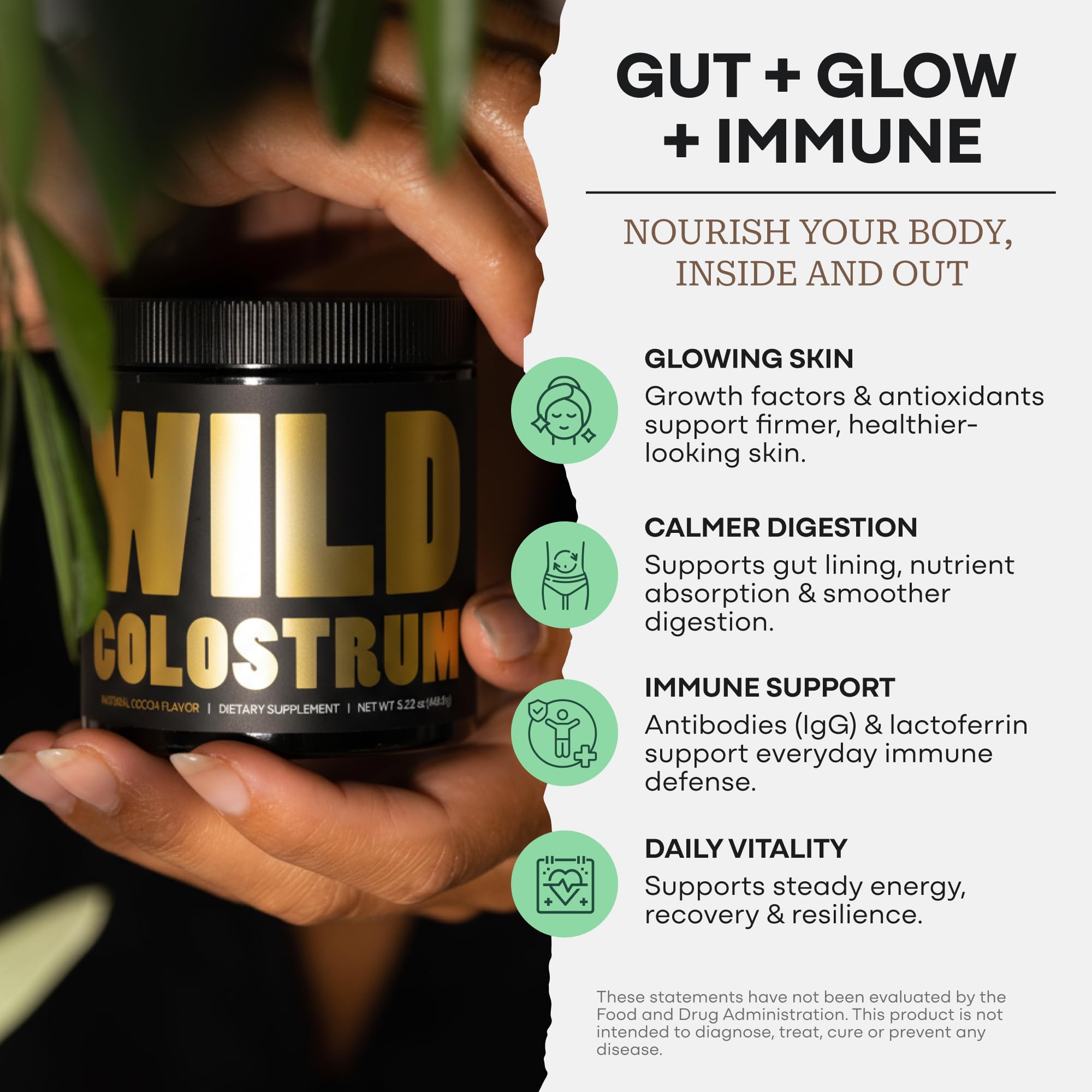 Colostrum Supplement - Grass Fed Pure Bovine Colostrum Powder - 2000mg & 400mg IgG (calostro bovino) - Gut, Immunity, Skin, Hair Support - Sugar Free, Natural Cacao Flavour, 30 Servings Wild FoodsAu supplements