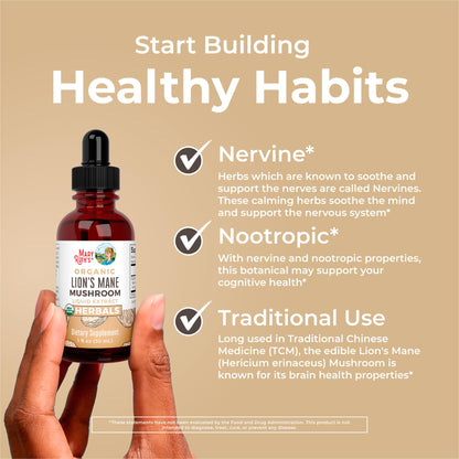 MaryRuth Organics Lions Mane Mushroom Supplement, Up to 1 Month Supply, Nootropic USDA Organic Lions Mane Extract Nervine Herbal Liquid Drops, Brain Health Non-GMO MARYRUTH'SUS supplements