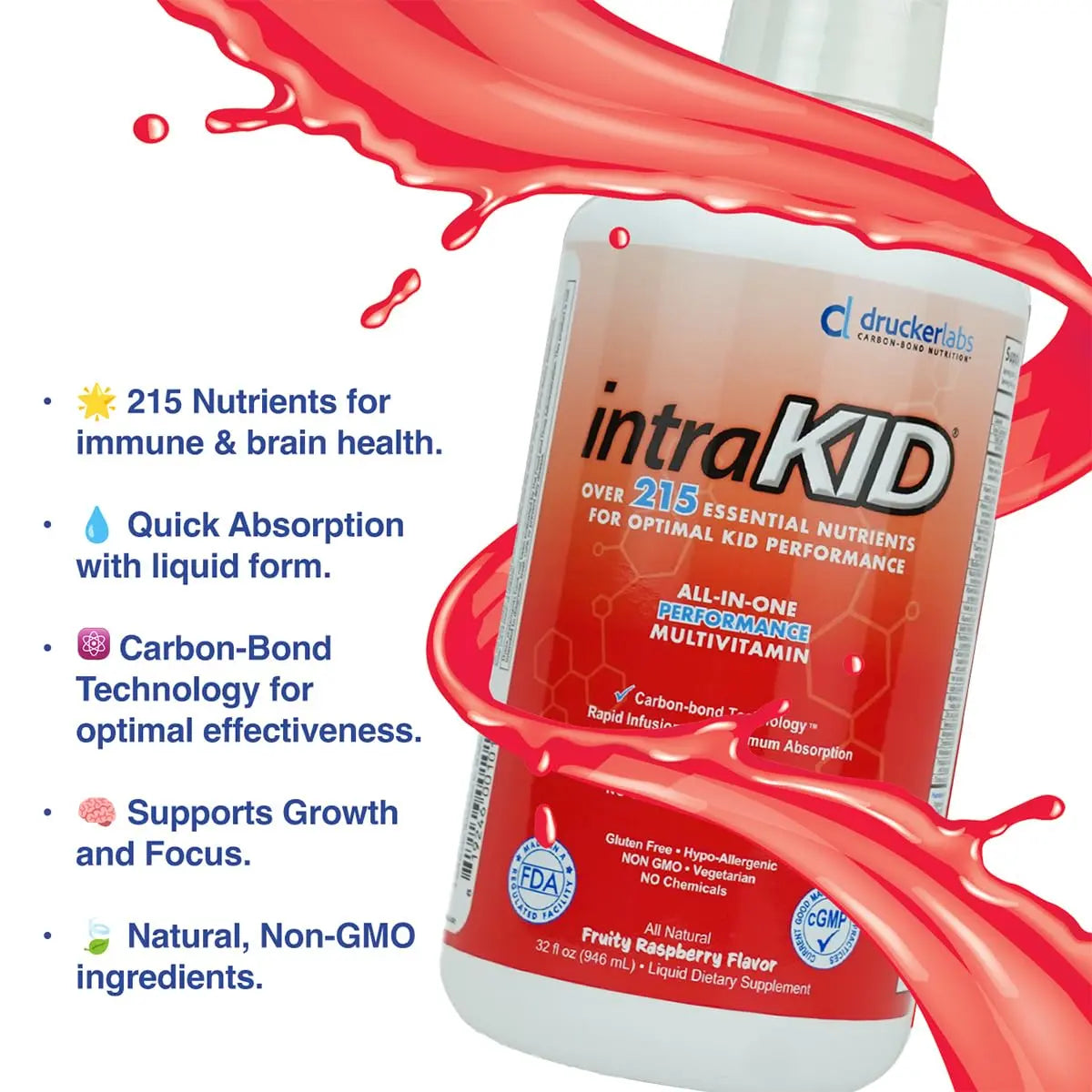 intraKID Drucker Labs Organic Liquid Multivitamin for Kids, Immune Support, Non GMO, Dairy Free, Gluten Free, Magnesium, Vitamin A,C,E, Zinc intraKIDAu supplements