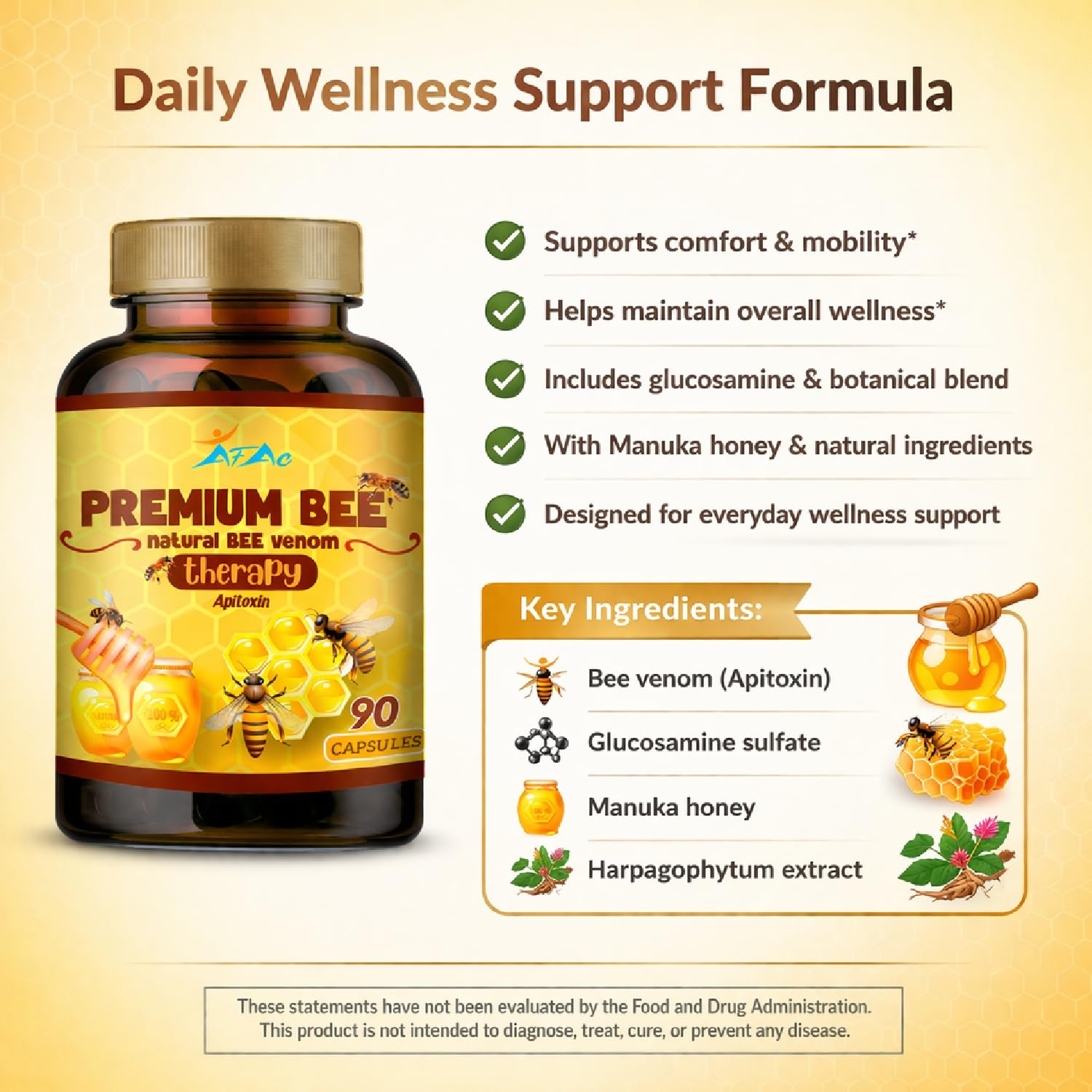 VITAMISAN Premium Natural Bee Venom with glucosamine sulfate Veneno Abeja 90 Capsulas Apitoxin Manuka Honey Dietary Supplement VITAMISANAu supplements