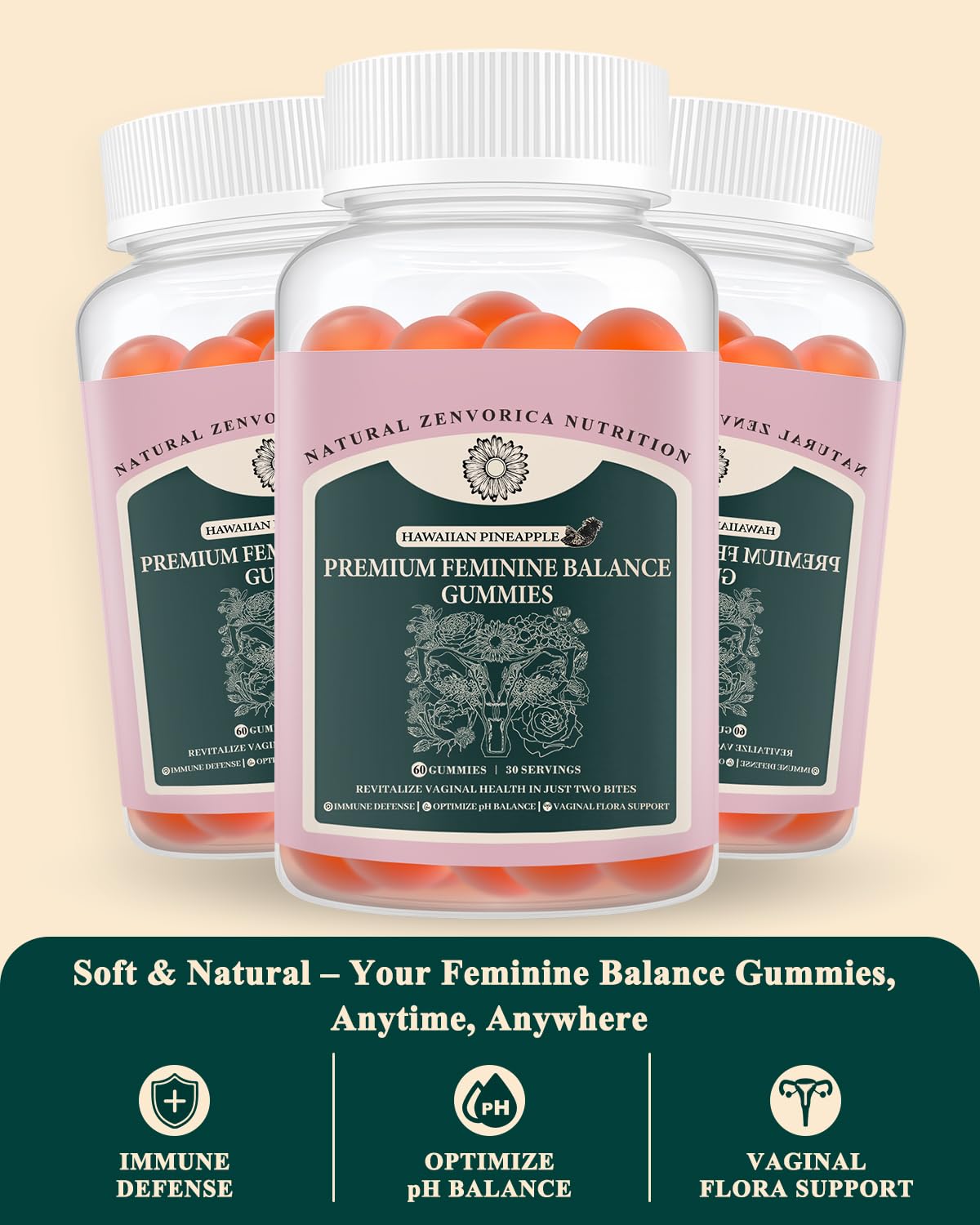 Zenvorica Premium Feminine Balance Gummies for Women - Hawaiian Pineapple pH Balance Probiotic Gummies for Odor and Flora Wellness, Immune Support, Vegan, 60 Count ZenvoricaAu supplements