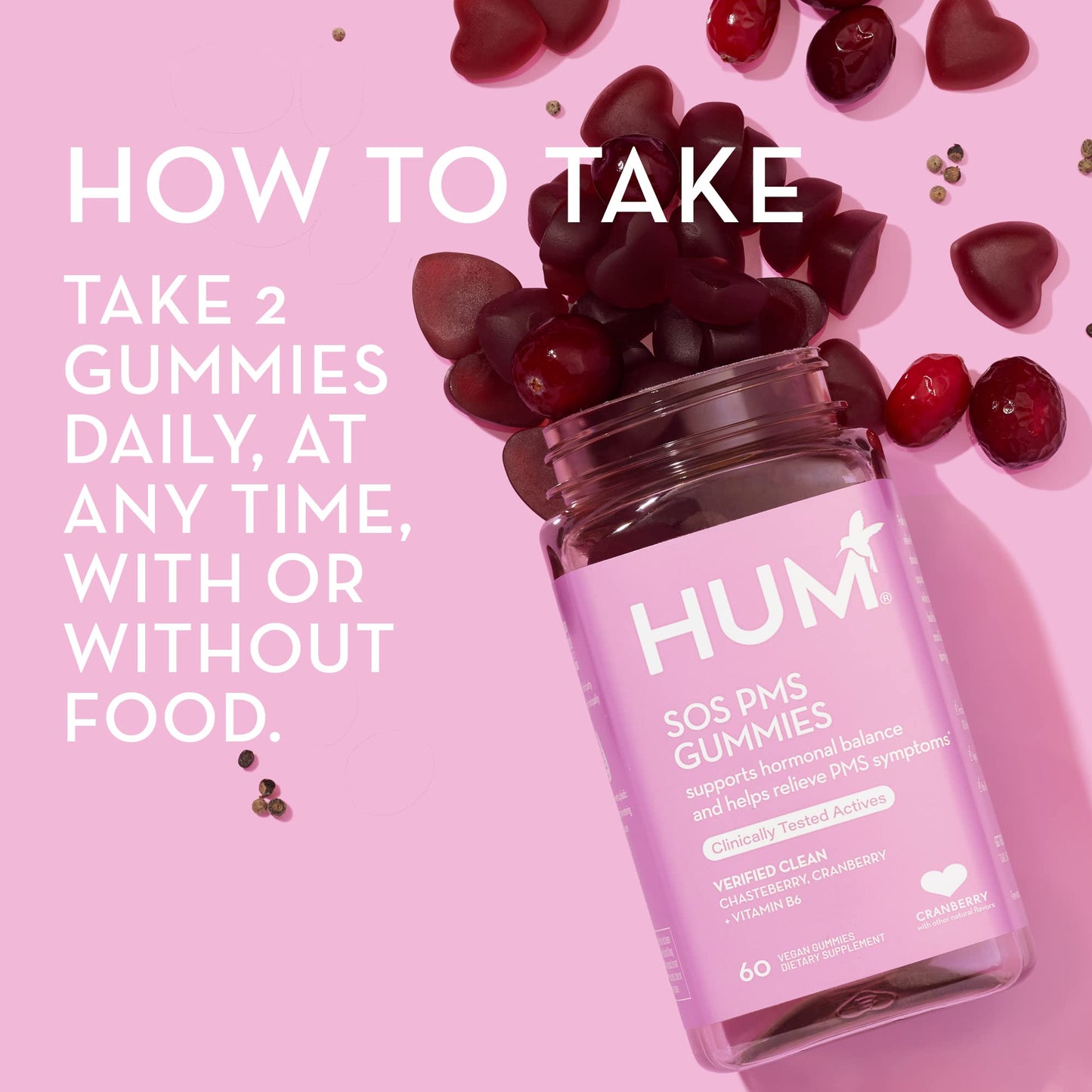 HUM Nutrition SOS PMS Gummies, PMS Support Supplement for Women, Support Cycle Symptoms, Bloating, Hormonal Balance, Includes Vitamin B6, Cranberry & Chasteberry Vitex, Gluten Free, 60 Vegan Gummies HUMUS supplements