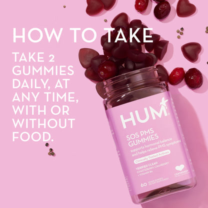 HUM Nutrition SOS PMS Gummies, PMS Support Supplement for Women, Support Cycle Symptoms, Bloating, Hormonal Balance, Includes Vitamin B6, Cranberry & Chasteberry Vitex, Gluten Free, 60 Vegan Gummies HUMUS supplements