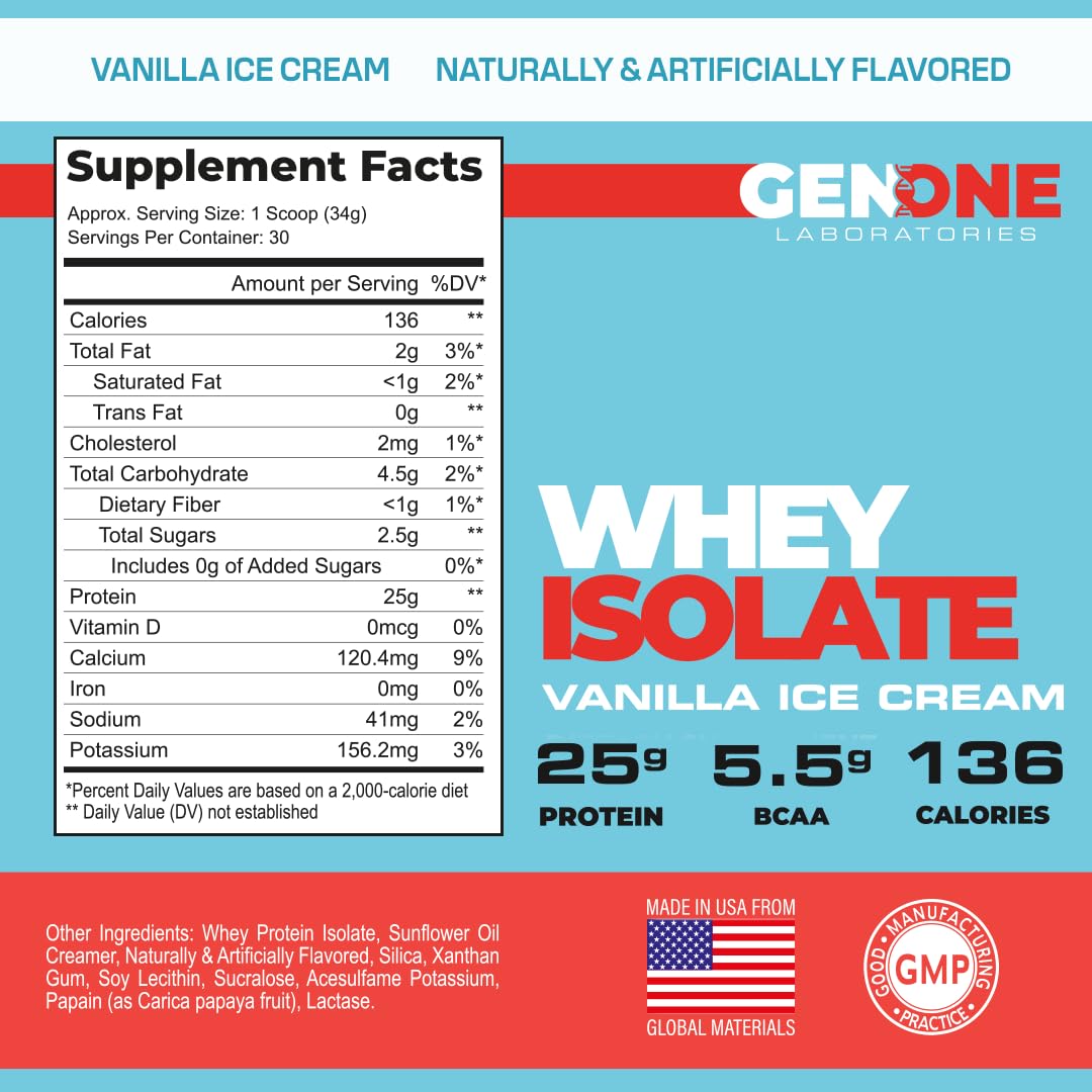 GenOne Whey Protein Powder Isolate, 25g Protein and 5.5g BCAAs per Serving, Vanilla Ice GENONE LABORATORIESUS supplements