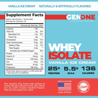 GenOne Whey Protein Powder Isolate, 25g Protein and 5.5g BCAAs per Serving, Vanilla Ice GENONE LABORATORIESUS supplements