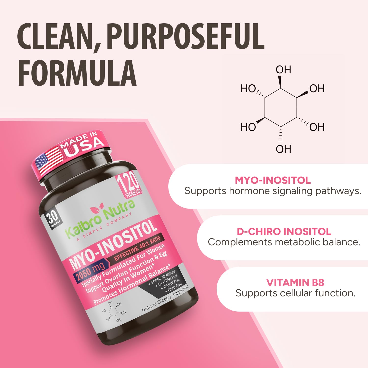 Kaibro Nutra Myo-Inositol Supplement, Myo-Inositol & D-Chiro Inositol 40:1 Ratio, Hormone Balance & Ovarian Support for Women with Vitamin B8, 2050mg, Vegan, Non-GMO Capsules 120 Count Kaibro NutraAu supplements