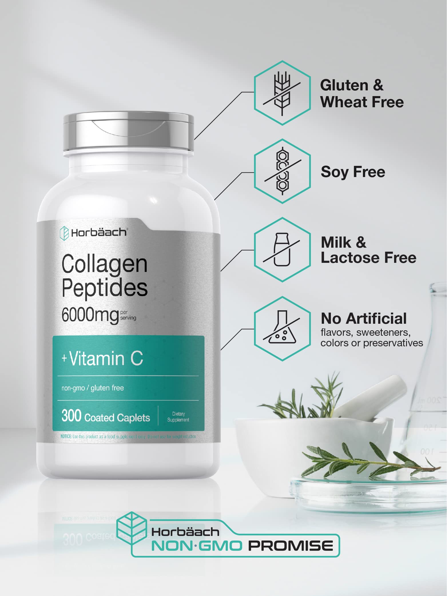 Horbäach Collagen Peptides 6000mg | 300 Caplet Pills | with Vitamin C | Hydrolyzed Collagen Supplement | Non-GMO, Gluten Free HorbäachAu supplements