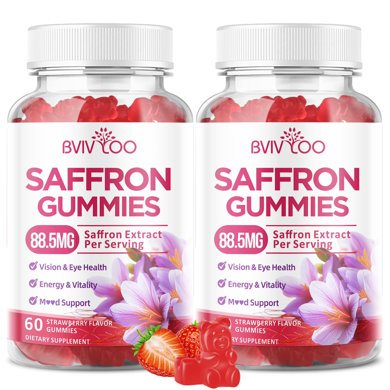 Saffron Gummies for Adult Kids, 10-IN-1 Formula with Saffron 88.5mg, Vitamins D3 & B6, Magnesium, Zinc, Ashwagandha, L-Theanine, St. John's Wort - Supports Mood & Focus, Strawberry Flavor, 60 Count BVIVLOOAu supplements