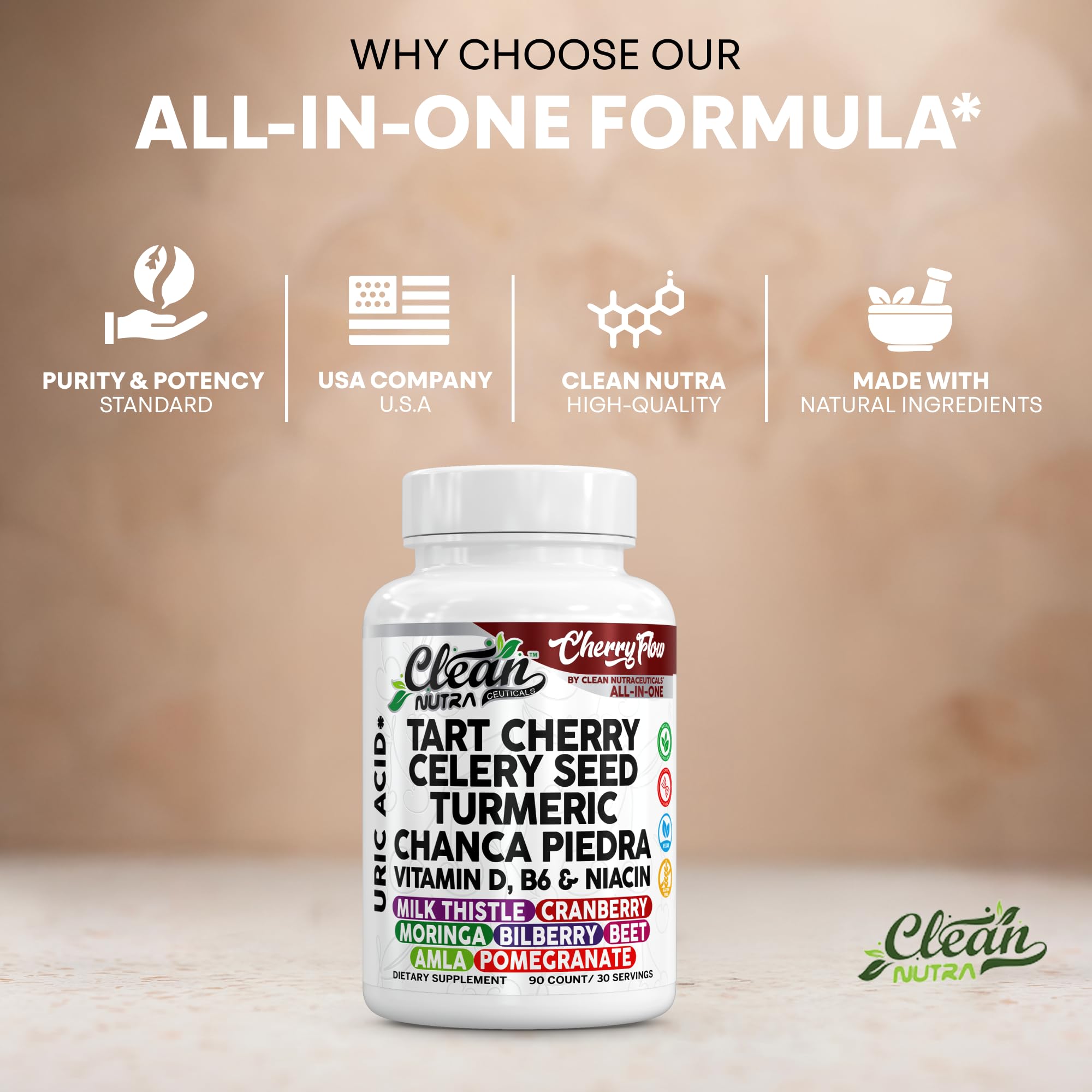 Cherry Flow Tart Cherry Capsules Uric Acid Support Celery Seed Turmeric Chanca Piedra Vitamin D Vitamin B6 Niacin Milk Thistle Moringa Extract Pomegranate Beets 90 Count By Clean Nutra Clean NutraceuticalsAu supplements