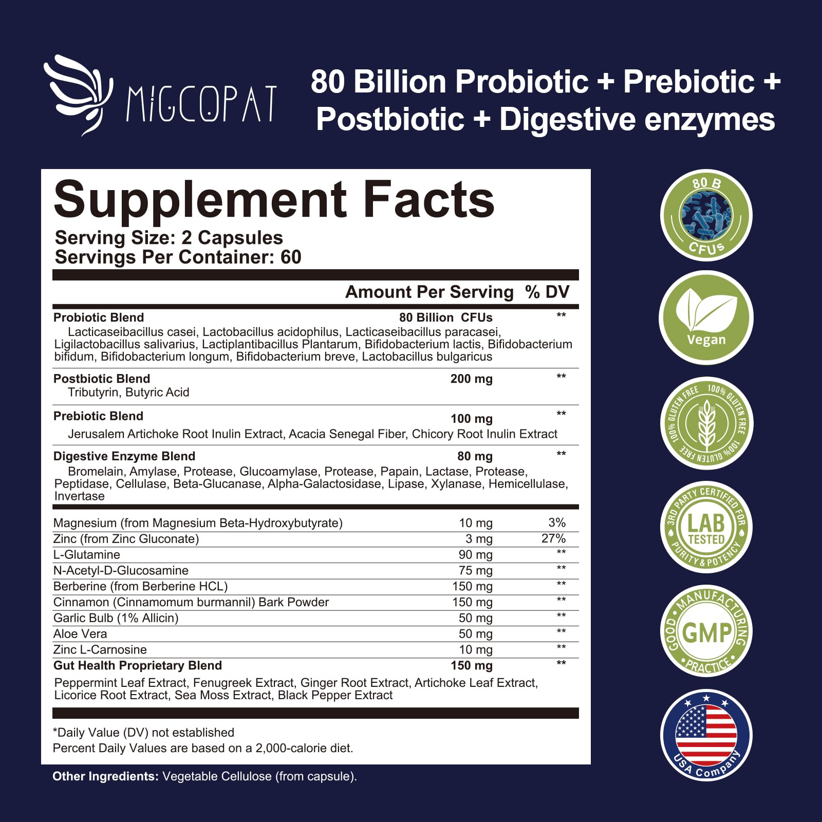Migcopat Probiotic Prebiotic, Postbiotic & Digestive Enzymes for Digestive Health, 80 Billion CFU Probiotics Complete Gut Support with Berberine, Cinnamon, L-Glutamine