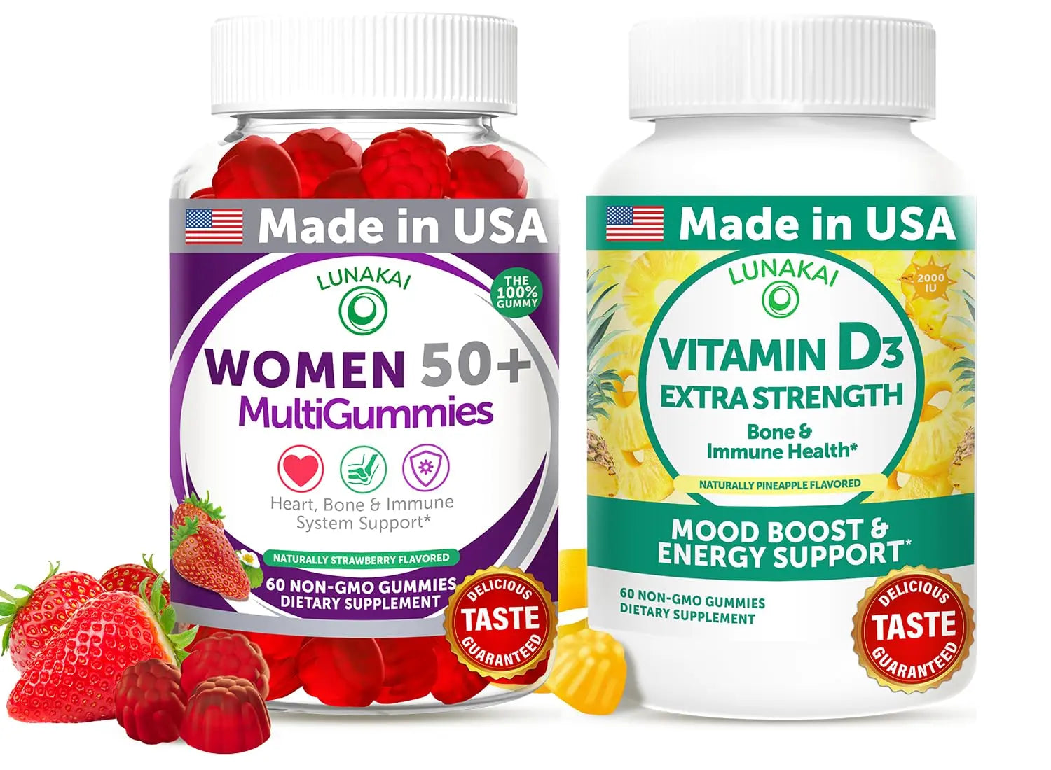 Lunakai USA Made Women’s 50+ Multivitamin & Vitamin D3 Gummies Bundle, Supports Bone, Heart, Immune & Energy Health, Non-GMO, Gluten-Free, Delicious Strawberry & Pineapple Flavors, 60ct Each LunakaiAu supplements