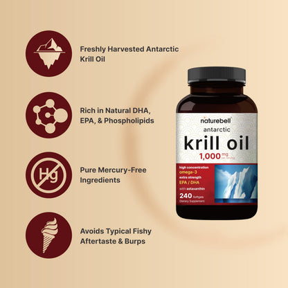 NatureBell Antarctic Krill Oil 1000mg Supplement, 240 Softgels, Natural Source of Omega-3 NatureBellUS supplements