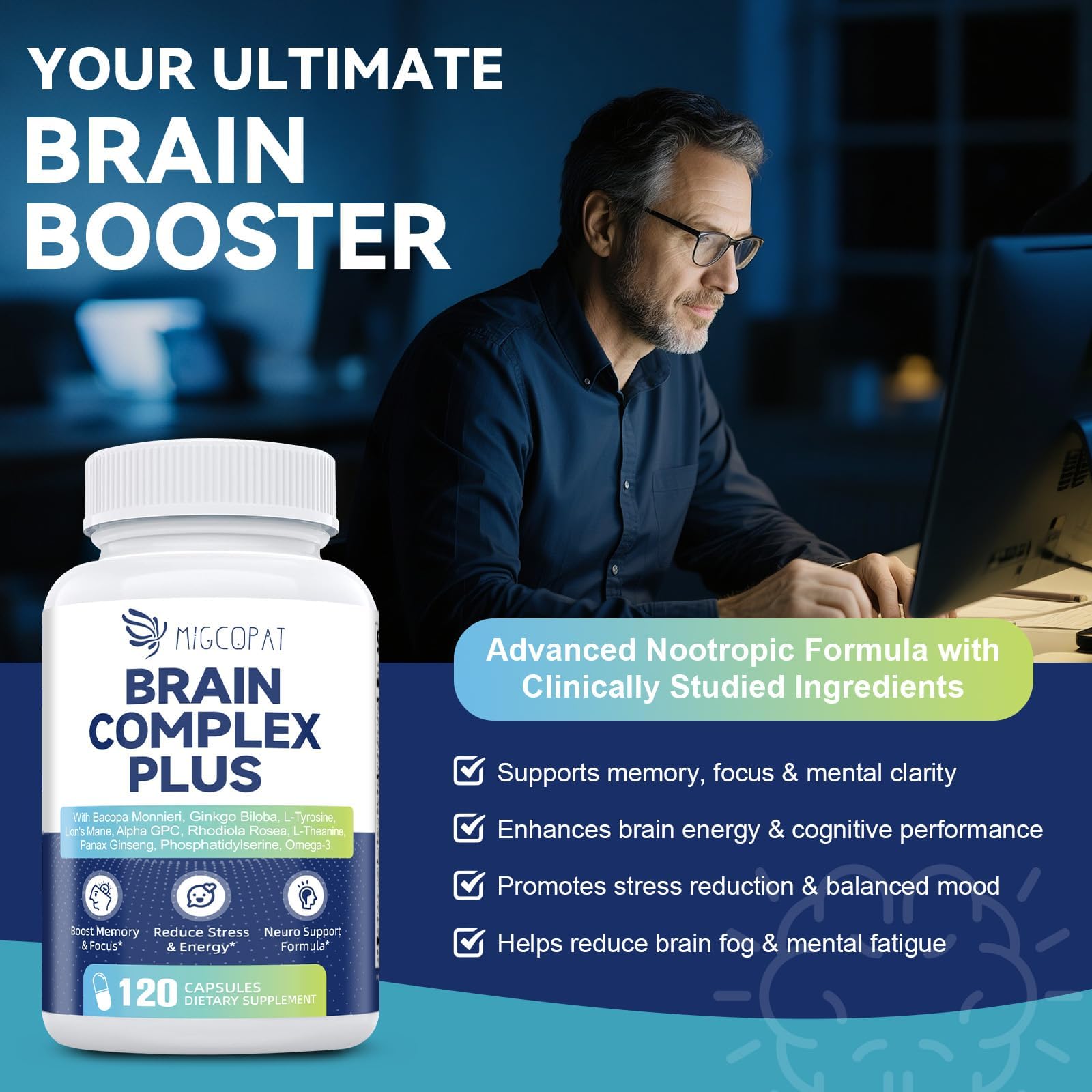 Brain Supplements for Memory and Focus | Nootropic with Bacopa Monnieri, Lion's Mane, Alpha GPC, Ginkgo Biloba | Mental Clarity & Cognitive Support | Vitamin B6 & B12 Neuro Health - Non-GMO, 120 Caps MigcopatAu supplements