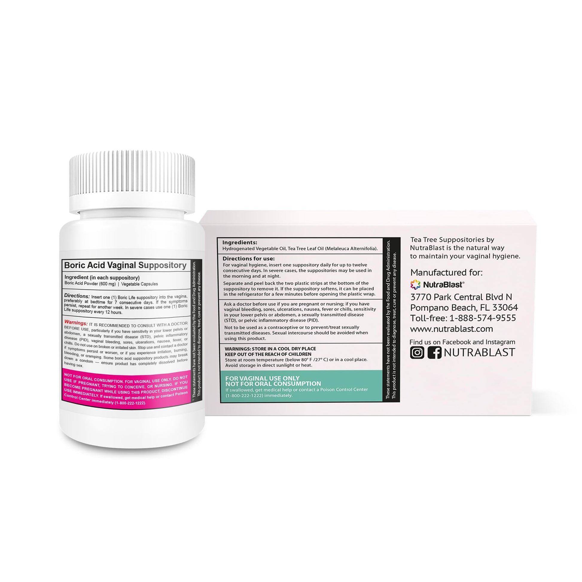 NutraBlast Boric Acid Suppositories 600mg (30 Count) Bundle with Tea Tree Oil Suppositories (12 Count) | All Natural Intimate Deodorant for Women | Restore Feminine pH Balance NutraBlastUS supplements
