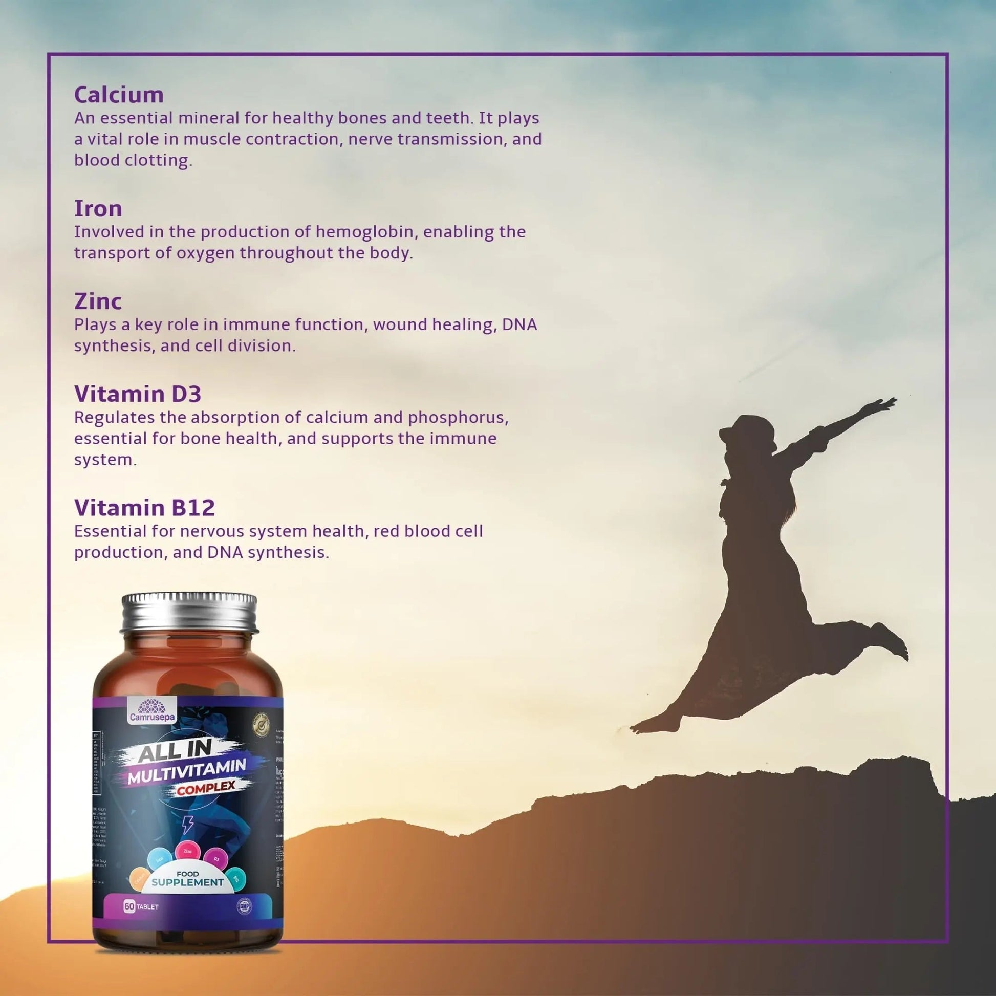 CAMRUSEPA All in Multivitamin Complex – Daily Tablet with Calcium, Iron, Zinc, Vitamin C, B Complex, D3, E, A & More – Complete Daily Nutritional Support for Adults CamrusepaAu supplements